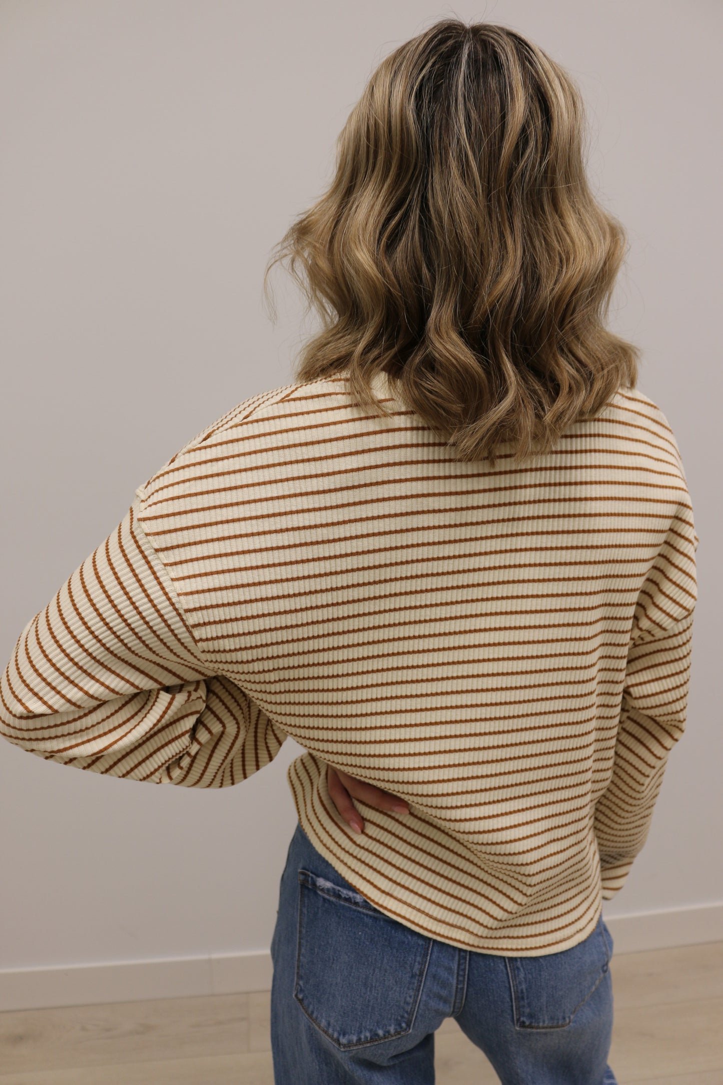 Leisure Stripe Ribbed Crewneck Long Sleeve Knit Top - Cream Brown