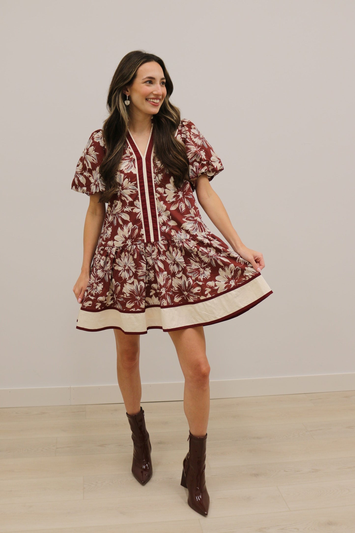 Lottie Floral Print Drop Waist Stripe Mini Dress - Burgundy