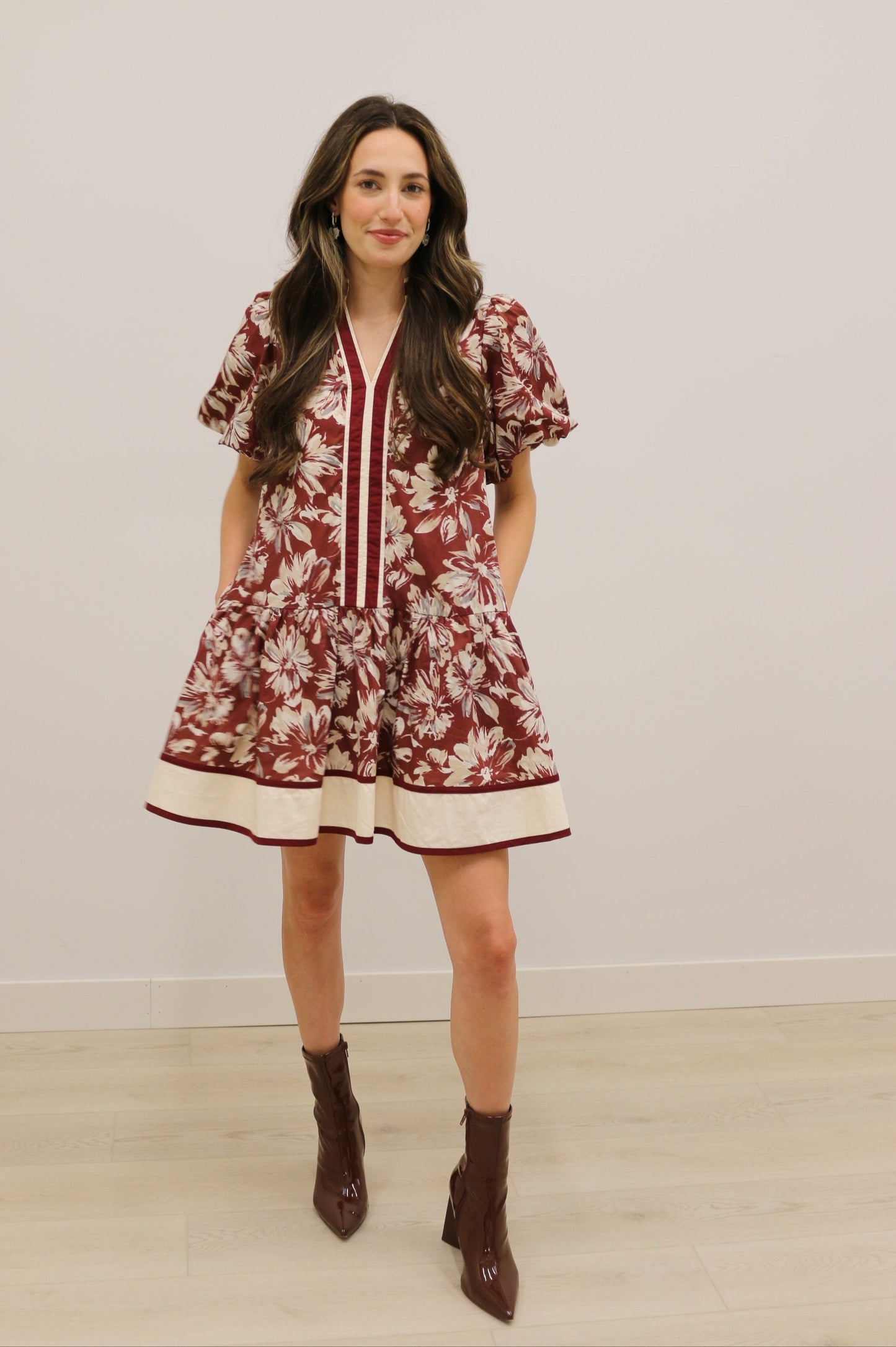Lottie Floral Print Drop Waist Stripe Mini Dress - Burgundy