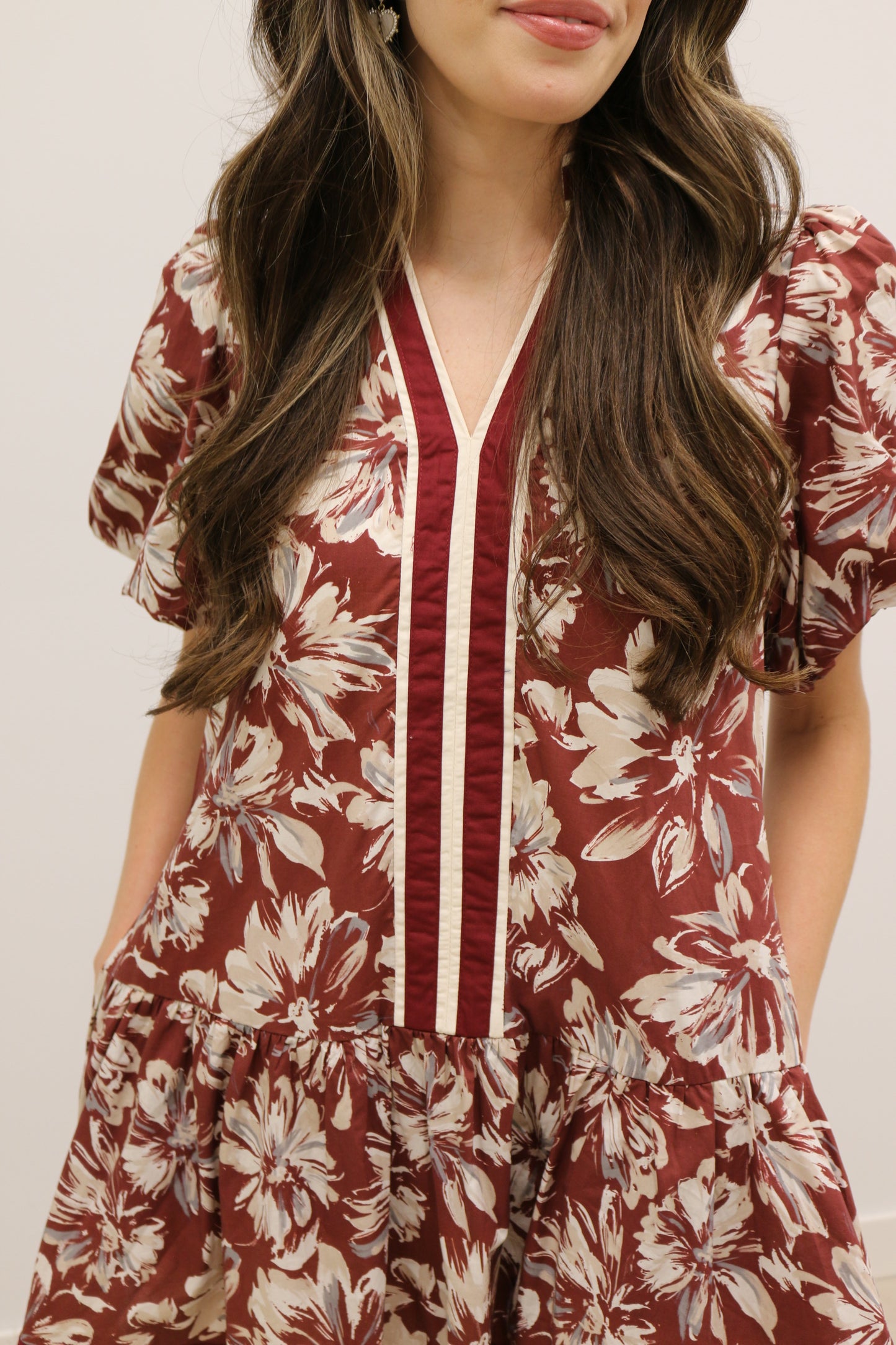 Lottie Floral Print Drop Waist Stripe Mini Dress - Burgundy