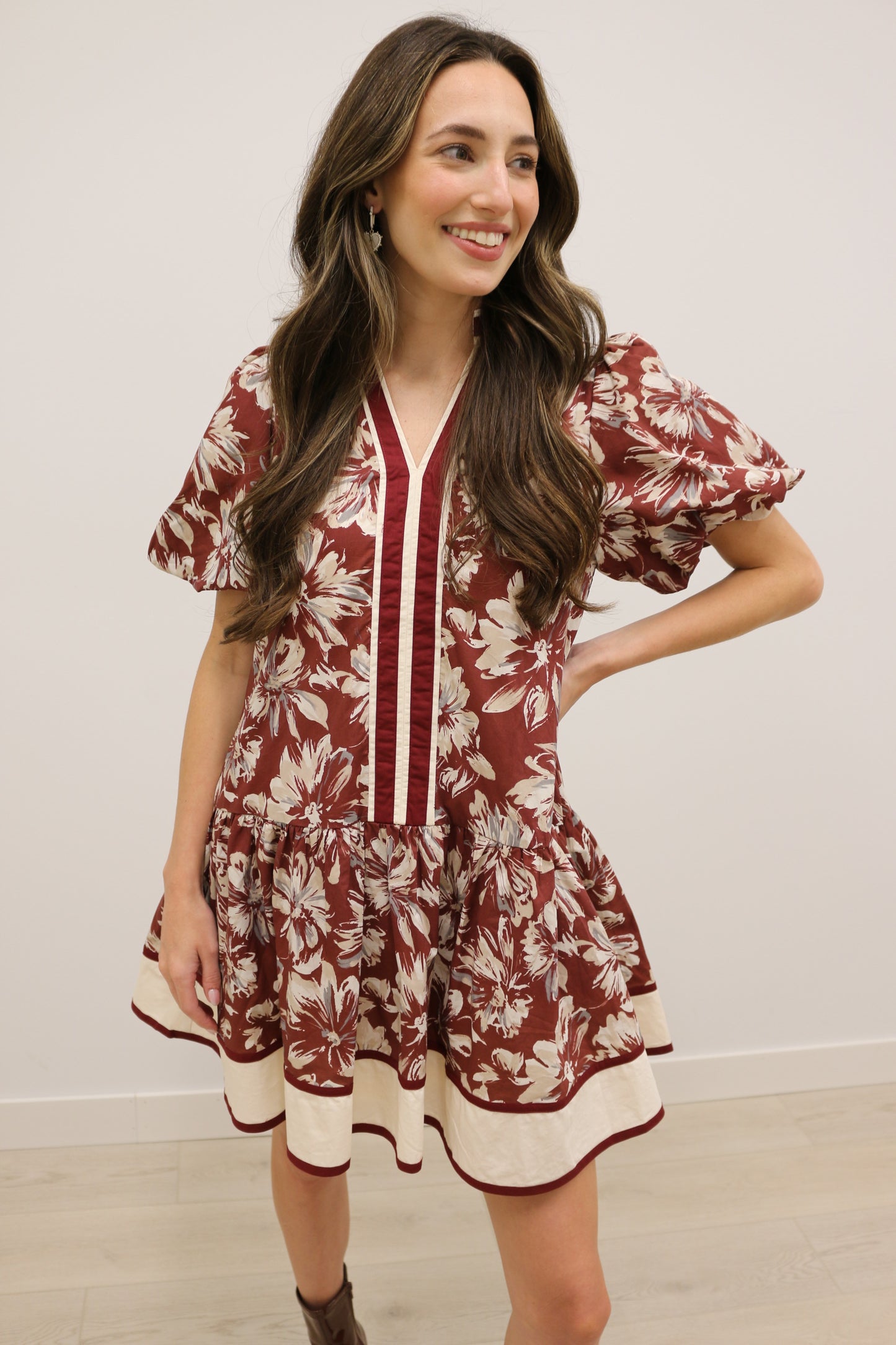 Lottie Floral Print Drop Waist Stripe Mini Dress - Burgundy