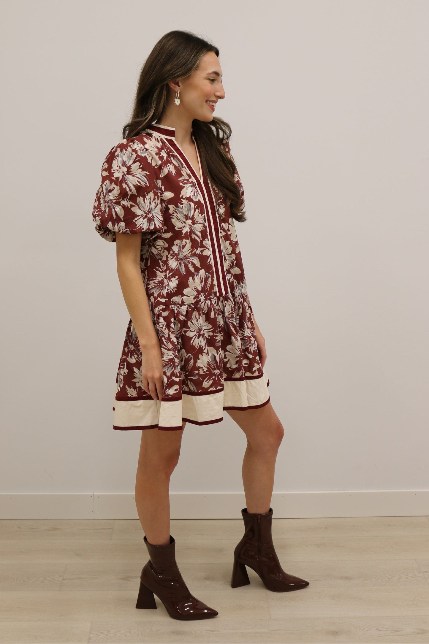 Lottie Floral Print Drop Waist Stripe Mini Dress - Burgundy