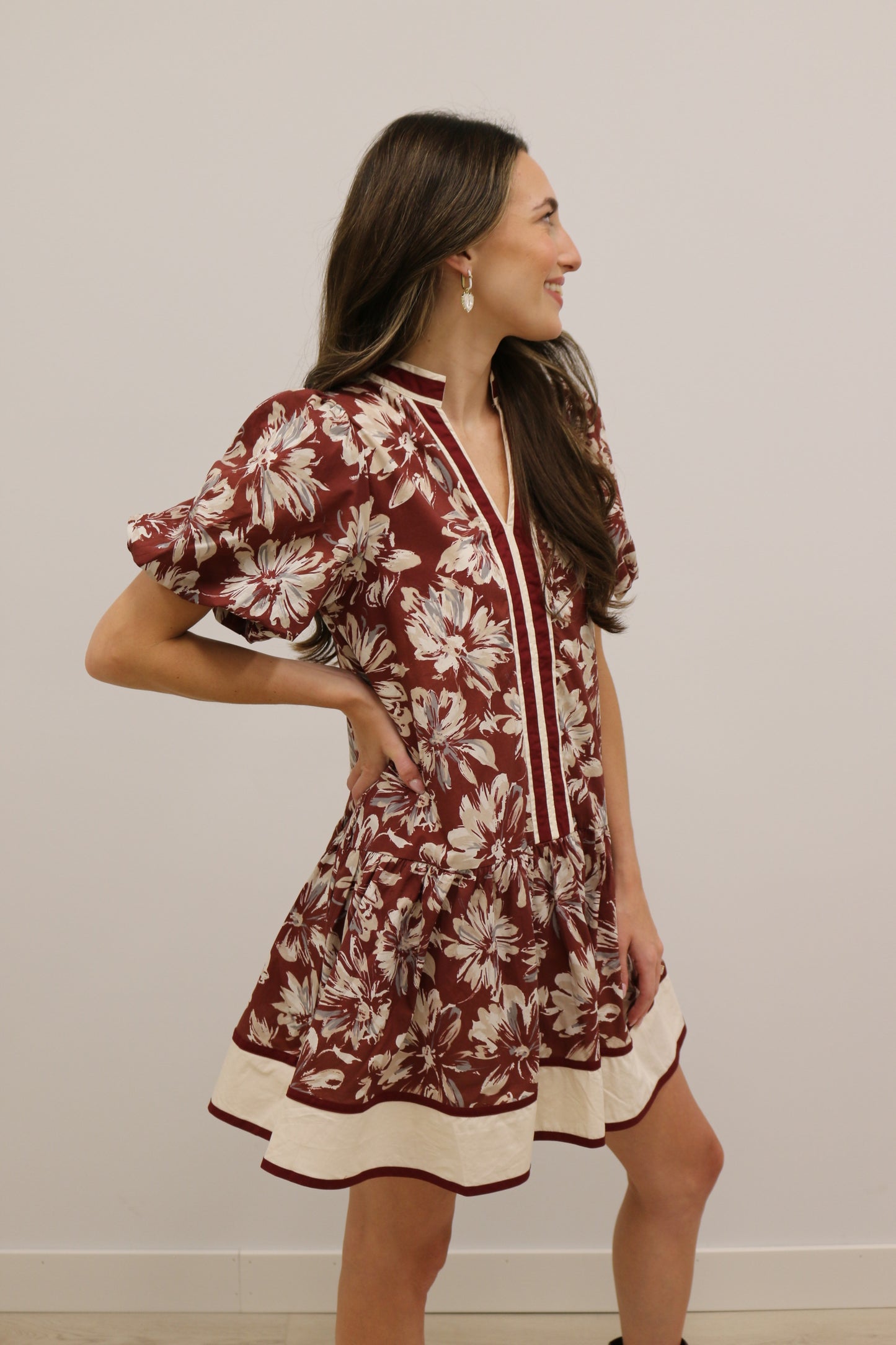 Lottie Floral Print Drop Waist Stripe Mini Dress - Burgundy