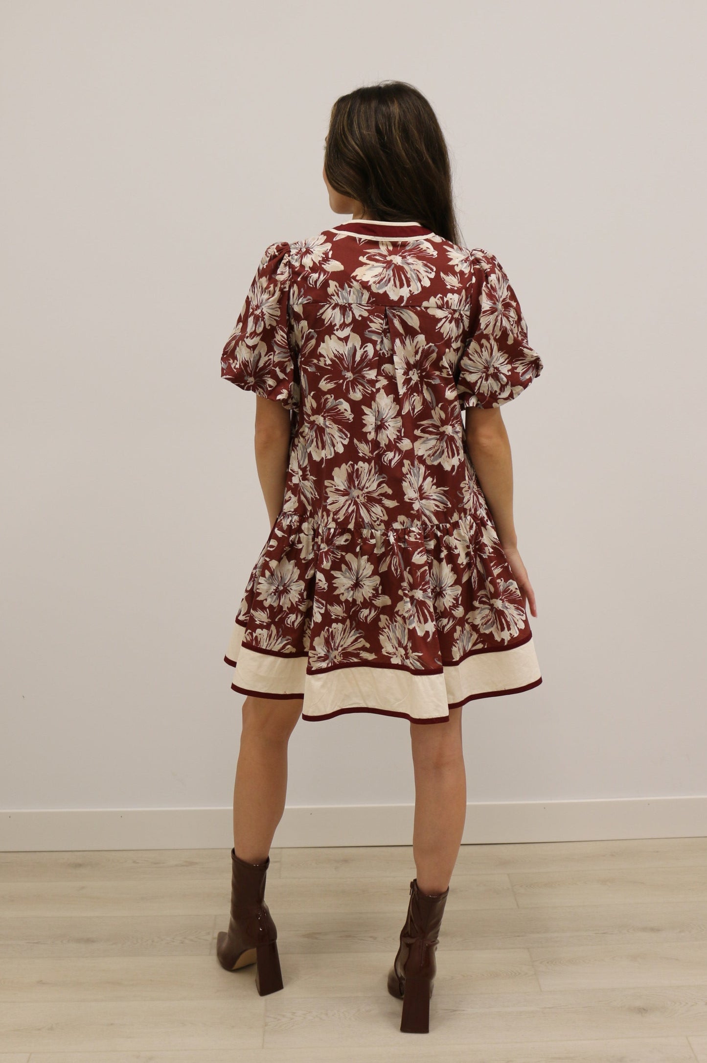 Lottie Floral Print Drop Waist Stripe Mini Dress - Burgundy