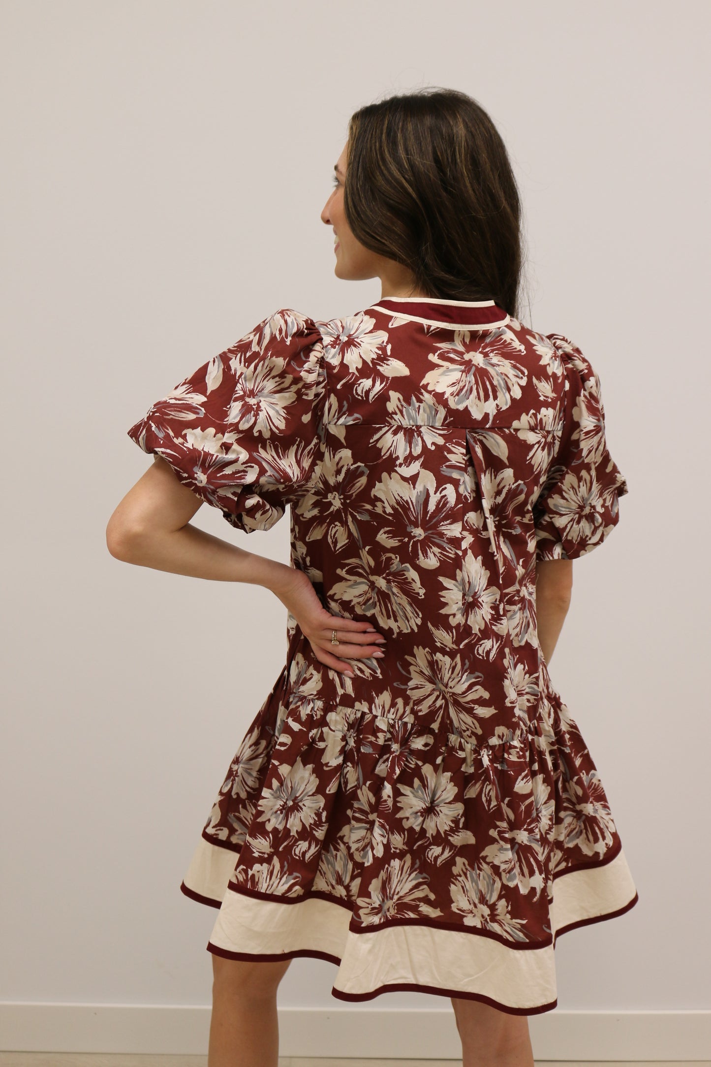 Lottie Floral Print Drop Waist Stripe Mini Dress - Burgundy