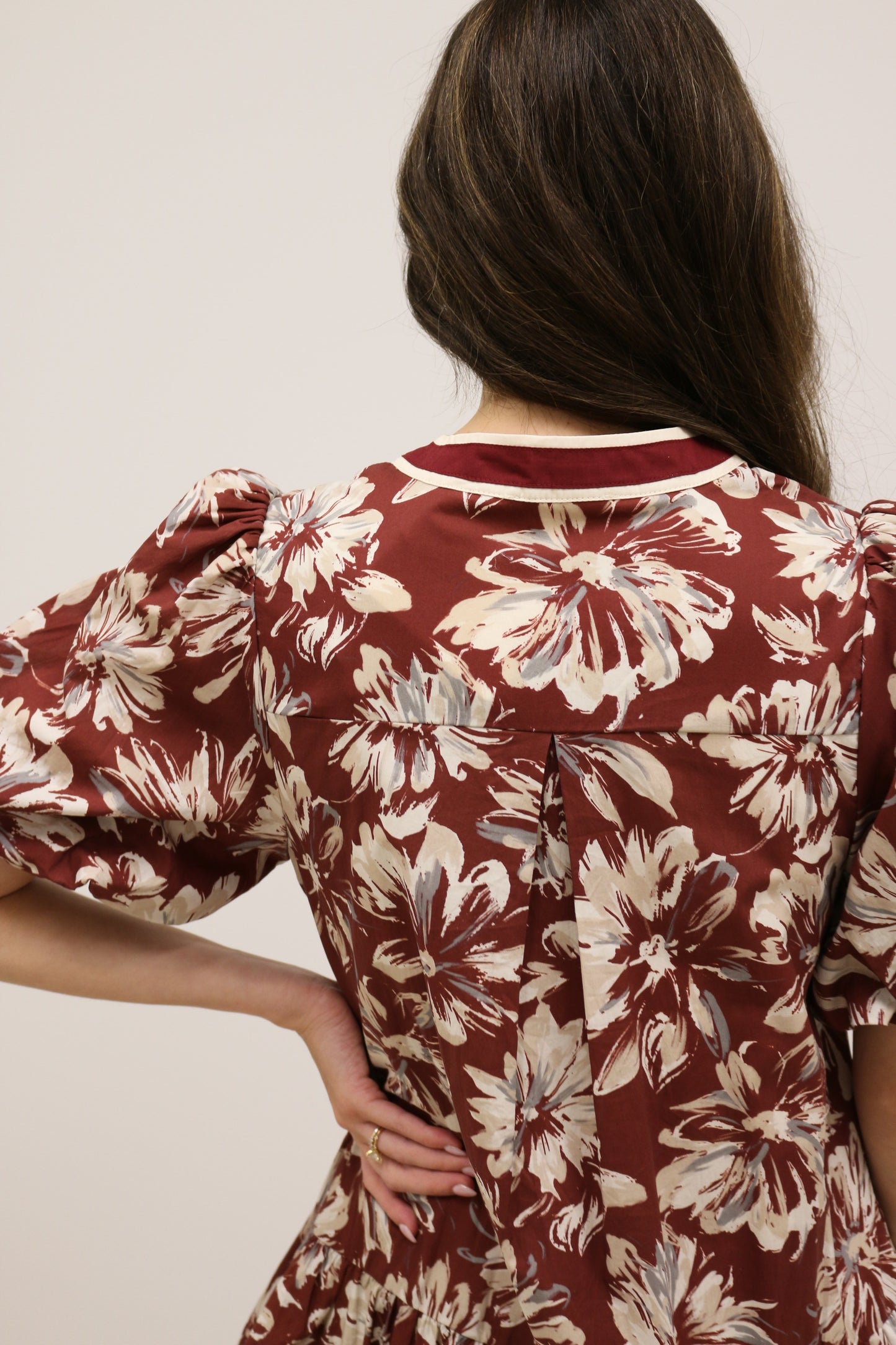 Lottie Floral Print Drop Waist Stripe Mini Dress - Burgundy