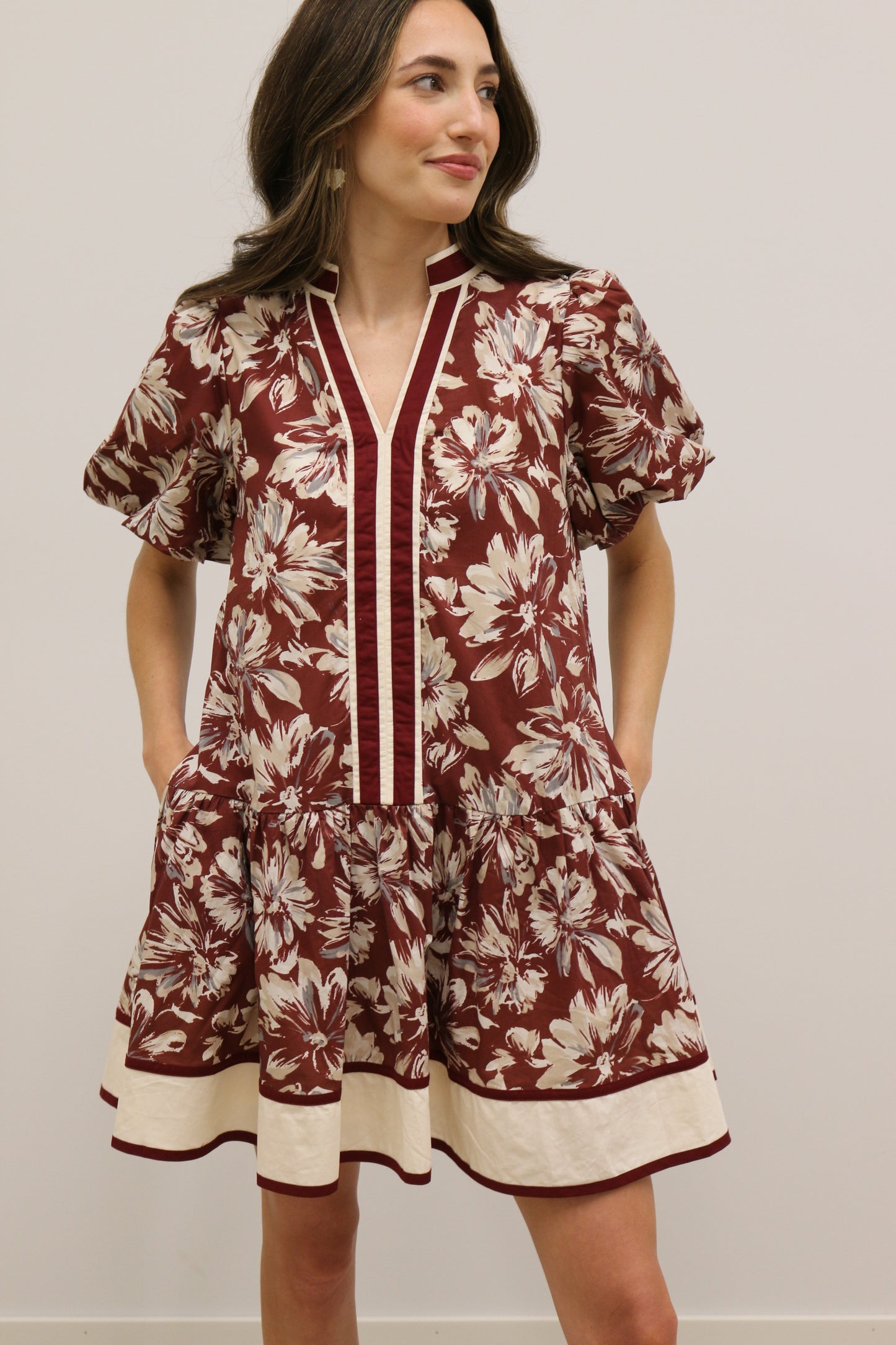 Lottie Floral Print Drop Waist Stripe Mini Dress - Burgundy