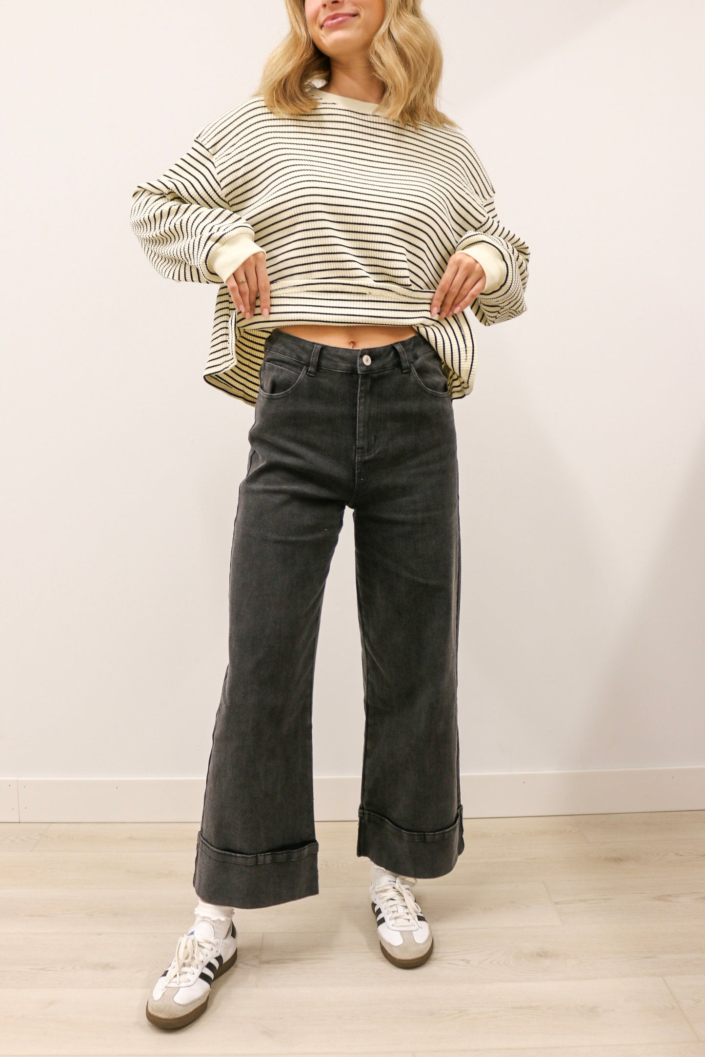 Nataline High Waisted Casual Wide Leg Cuffed Pant - Black