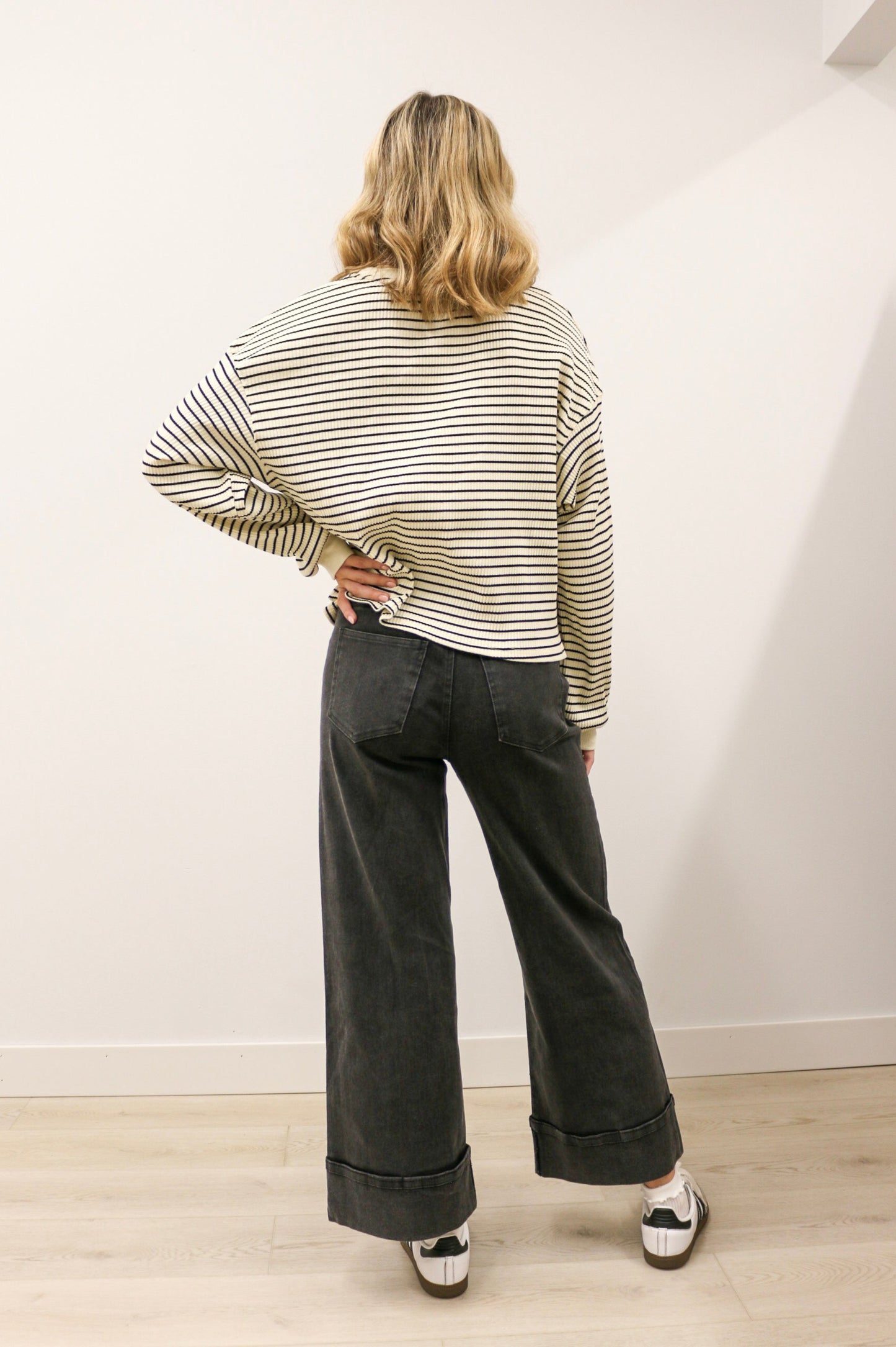 Nataline High Waisted Casual Wide Leg Cuffed Pant - Black