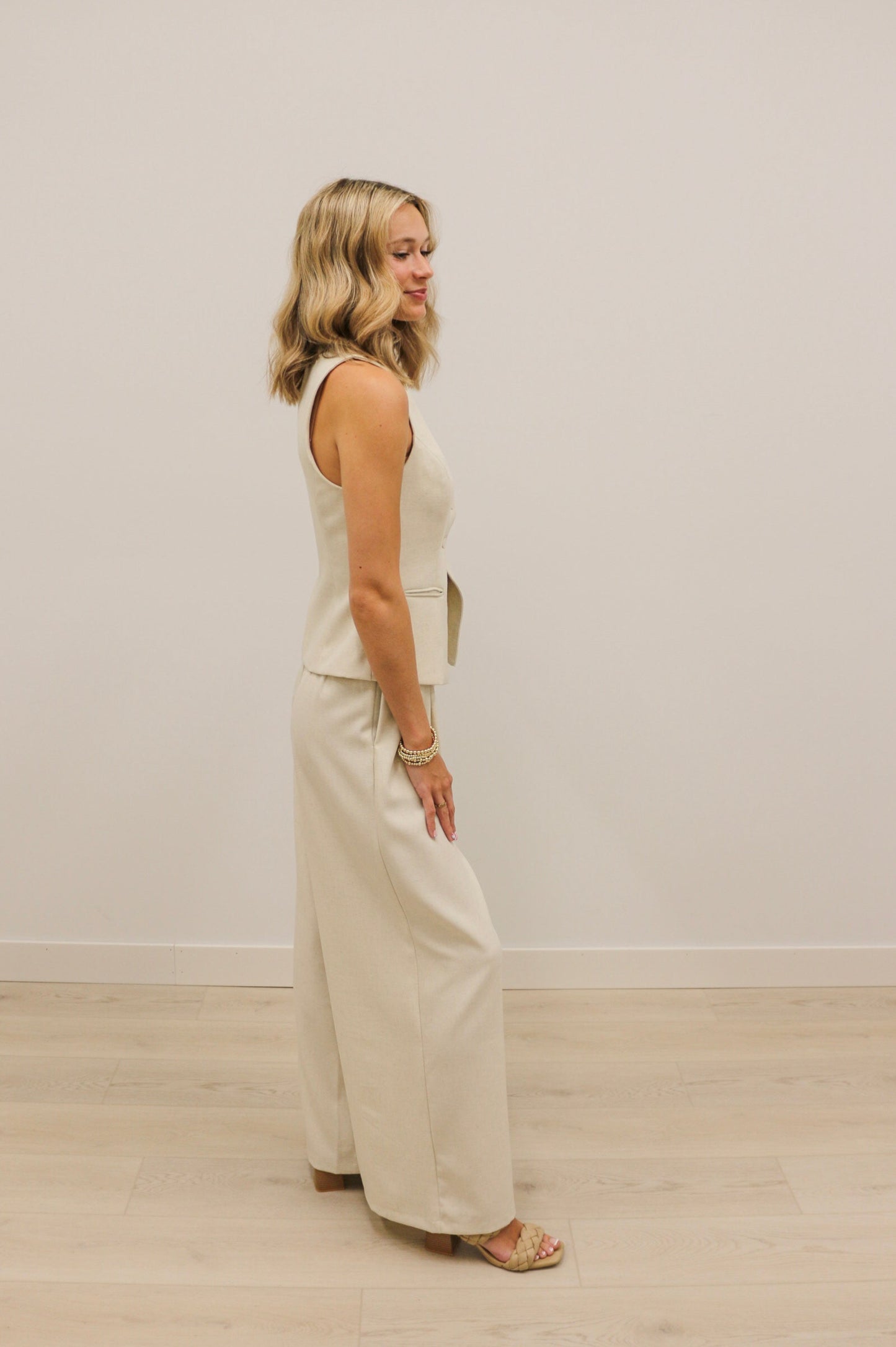 Paige Button Closure Tailored Vest and High Waisted Pintuck Wide Leg Pants - Linen