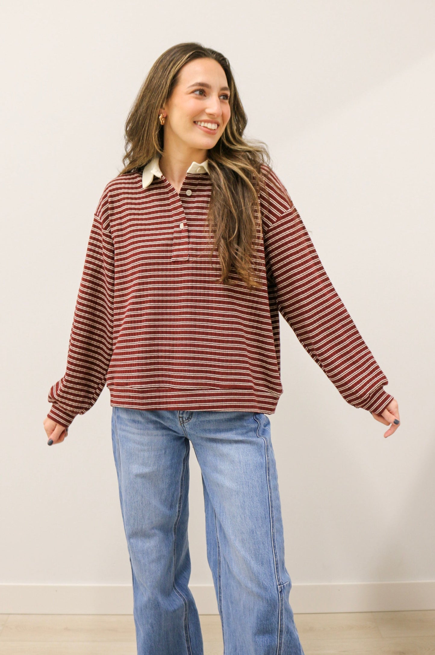 Polo Collar Leisure Stripe Ribbed Long Sleeve Knit Top - Burgundy Ivory