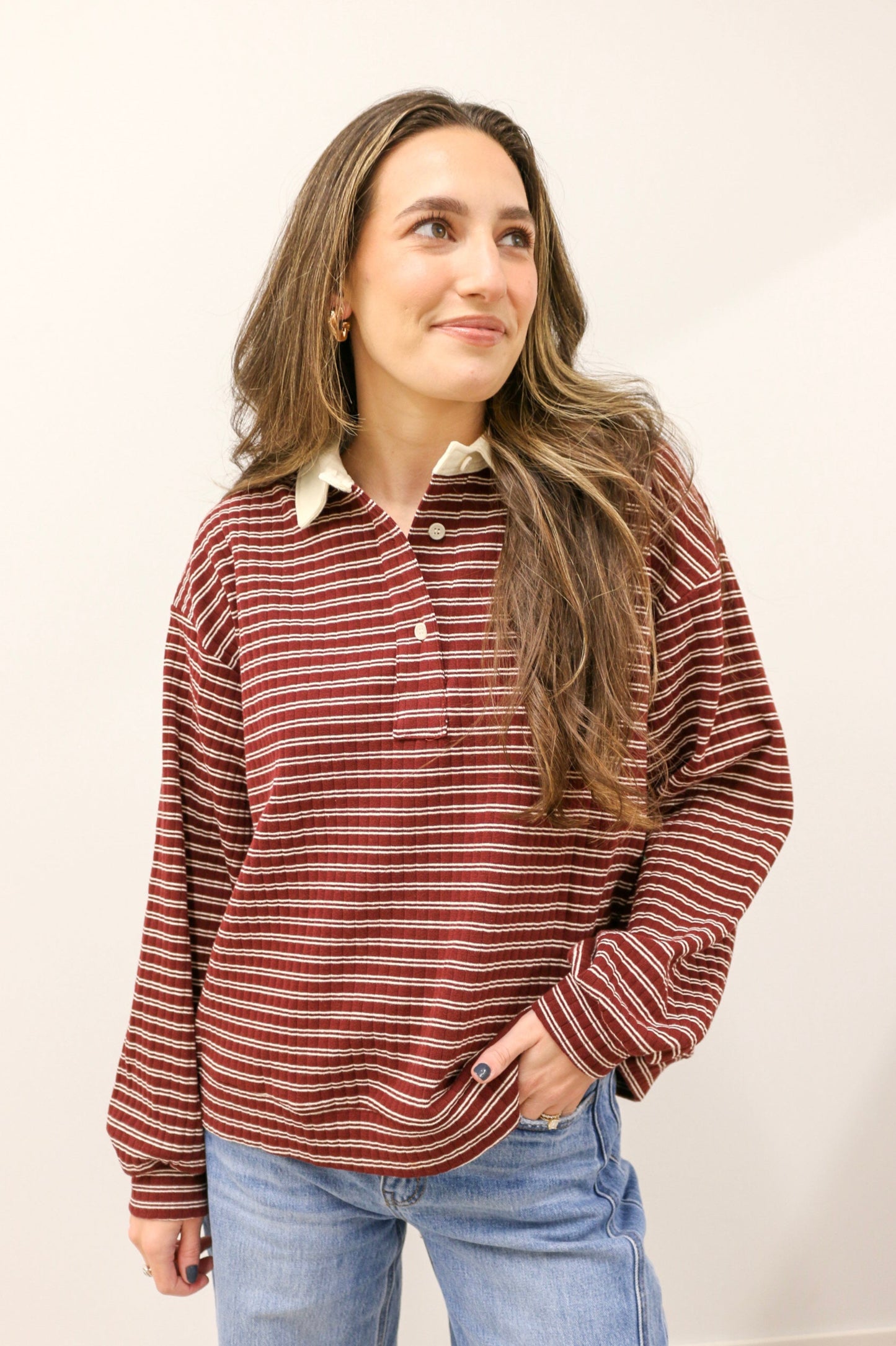 Polo Collar Leisure Stripe Ribbed Long Sleeve Knit Top - Burgundy Ivory