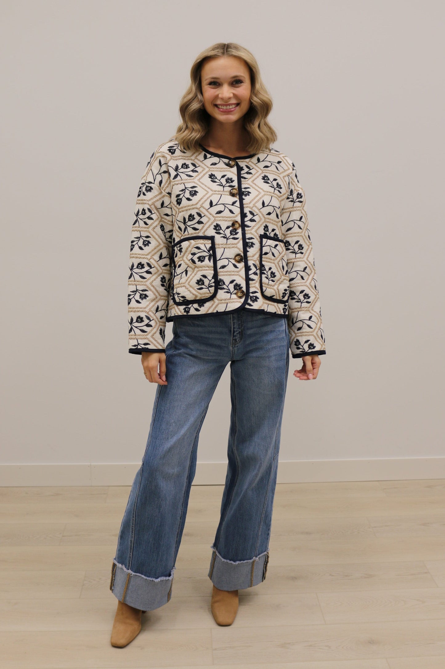 Portman Quilted Embroidered Floral Long Sleeve Jacket - Cream Navy