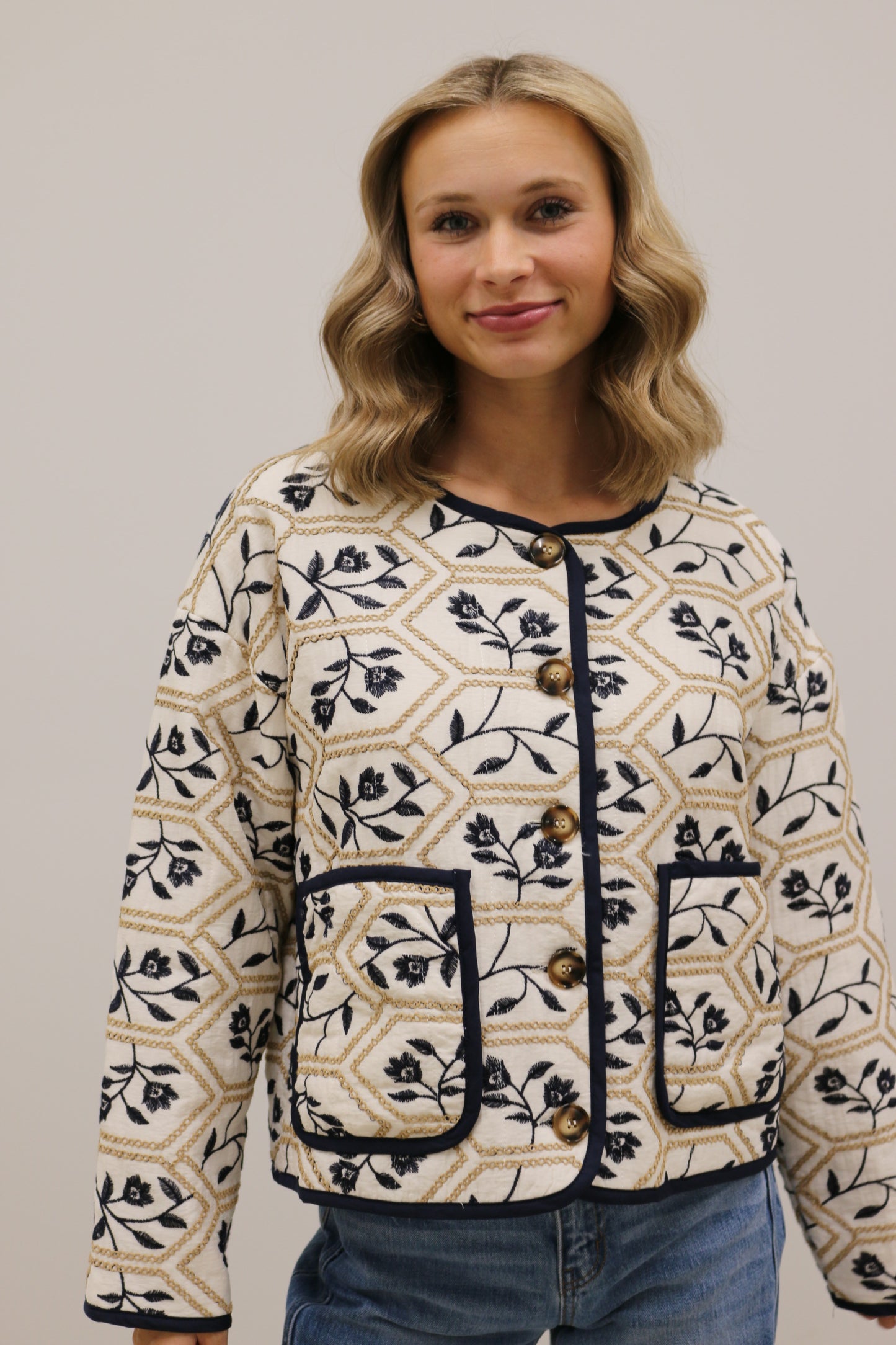 Portman Quilted Embroidered Floral Long Sleeve Jacket - Cream Navy