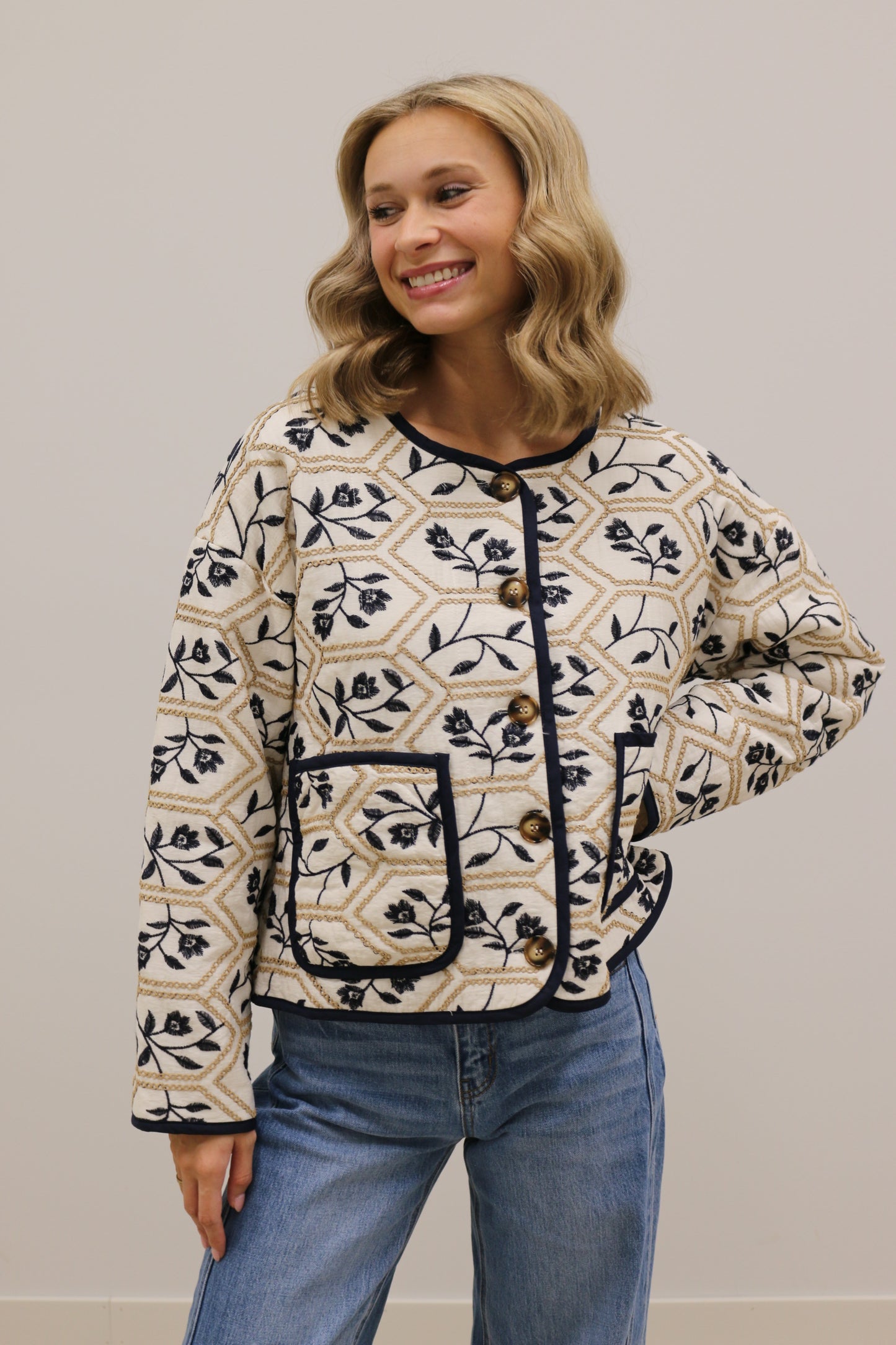 Portman Quilted Embroidered Floral Long Sleeve Jacket - Cream Navy