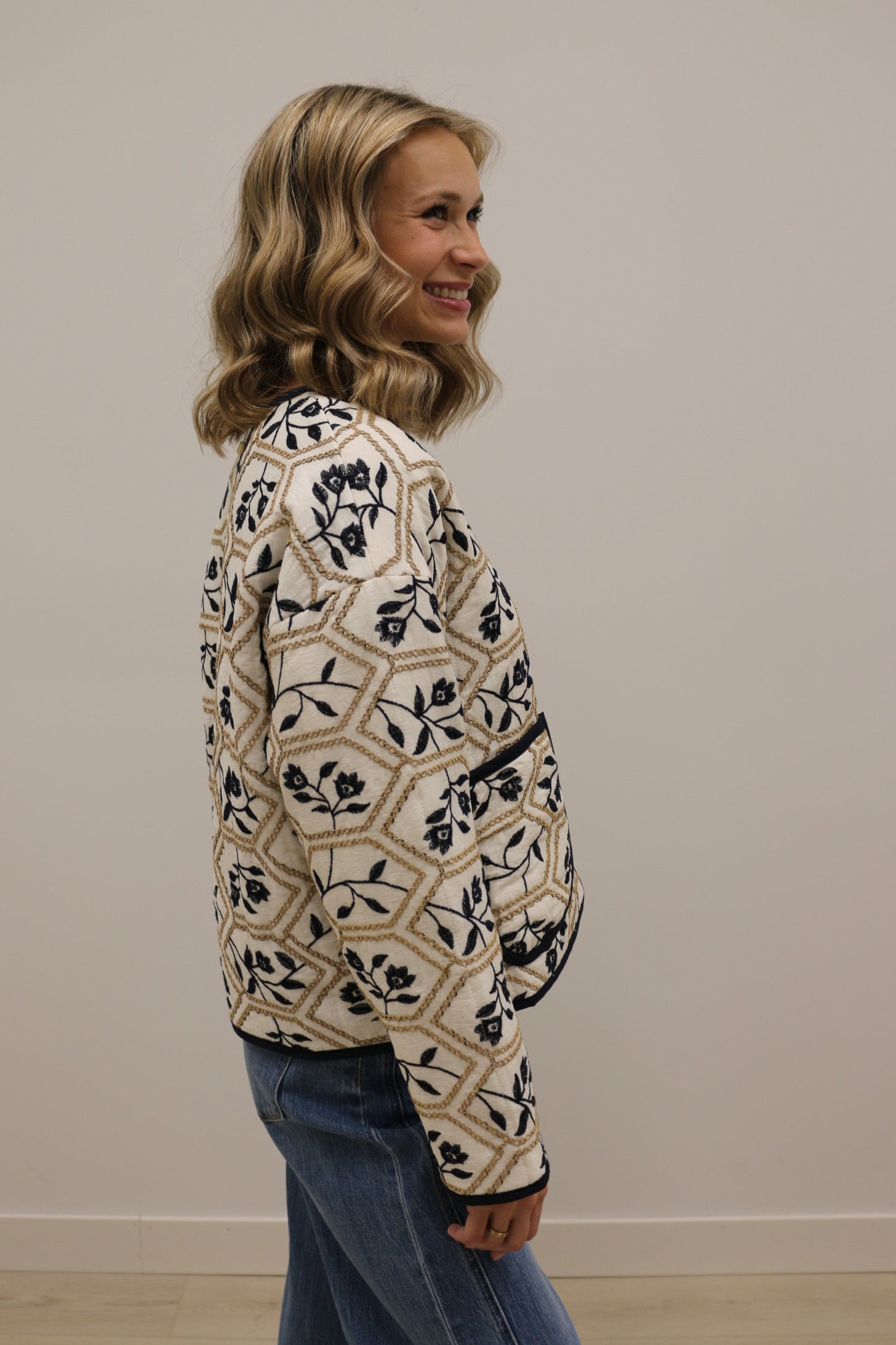 Portman Quilted Embroidered Floral Long Sleeve Jacket - Cream Navy