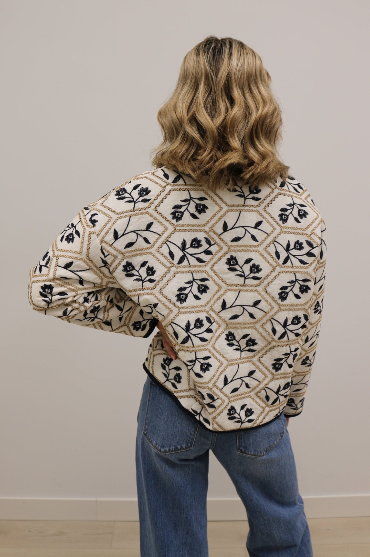 Portman Quilted Embroidered Floral Long Sleeve Jacket - Cream Navy