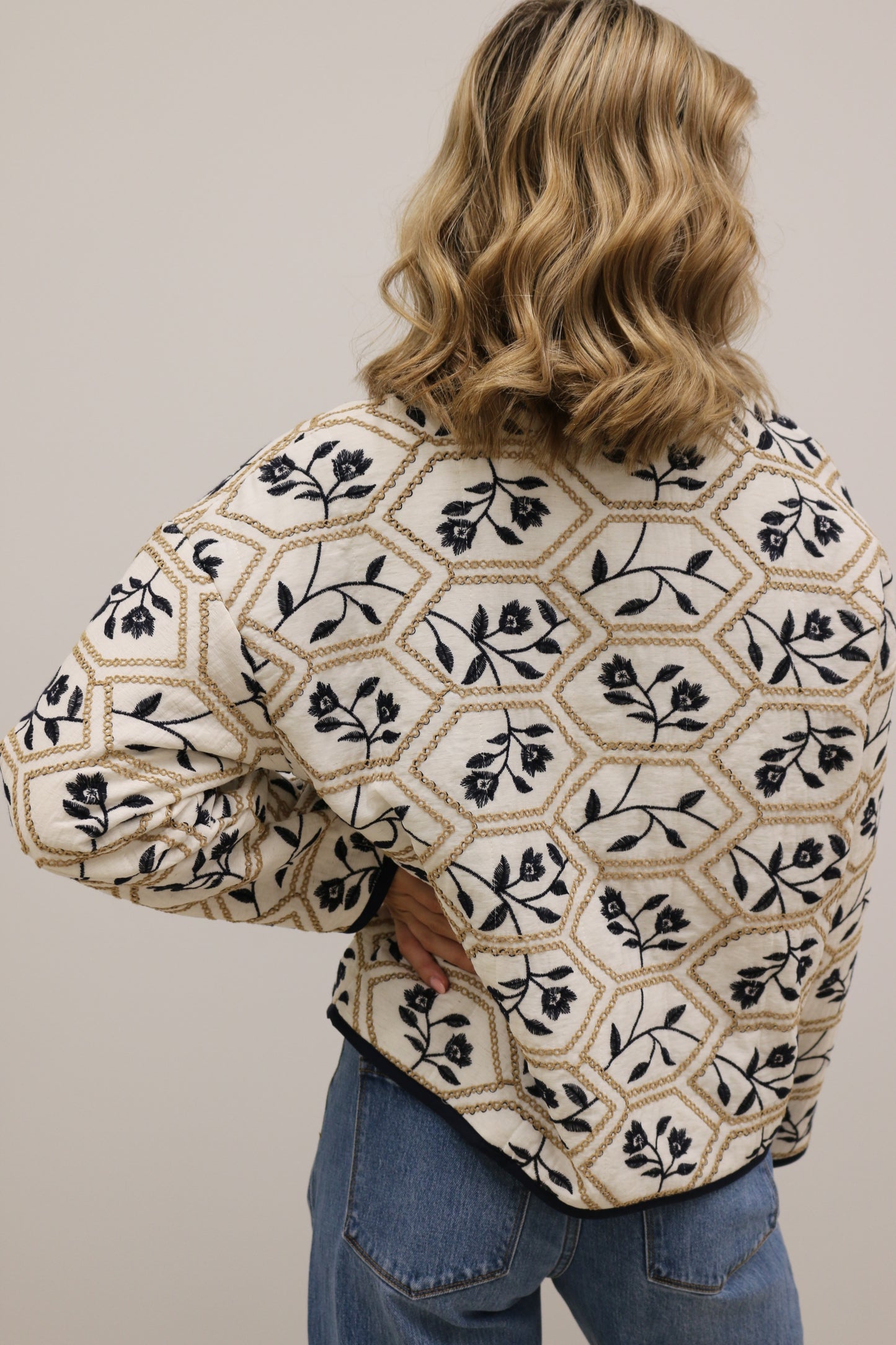 Portman Quilted Embroidered Floral Long Sleeve Jacket - Cream Navy