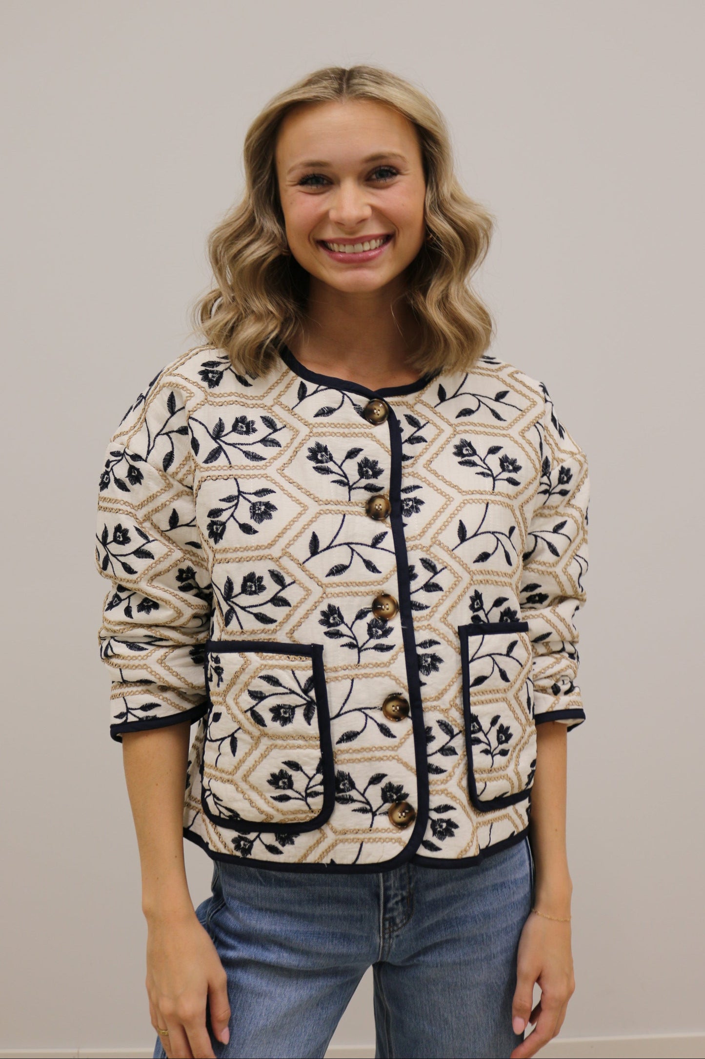 Portman Quilted Embroidered Floral Long Sleeve Jacket - Cream Navy