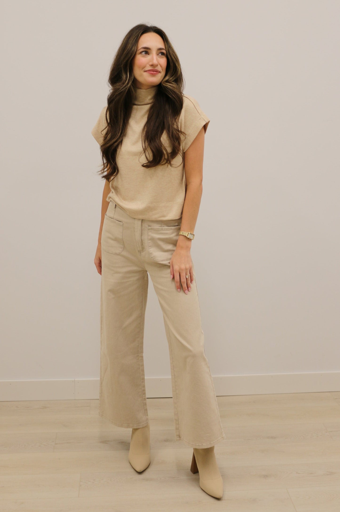 Reeves High Waisted Wide Leg Crop Pant - Khaki Stone