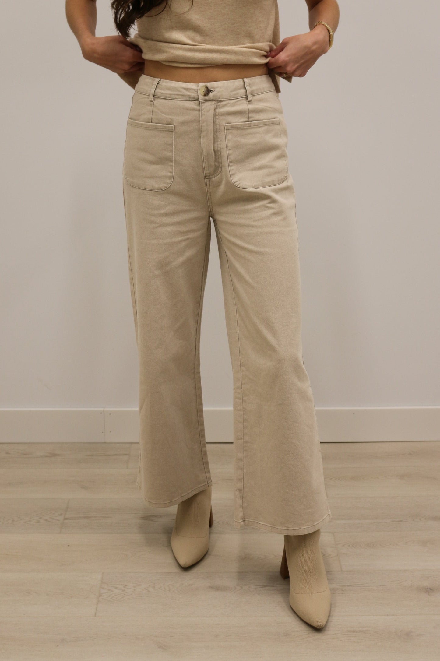 Reeves High Waisted Wide Leg Crop Pant - Khaki Stone