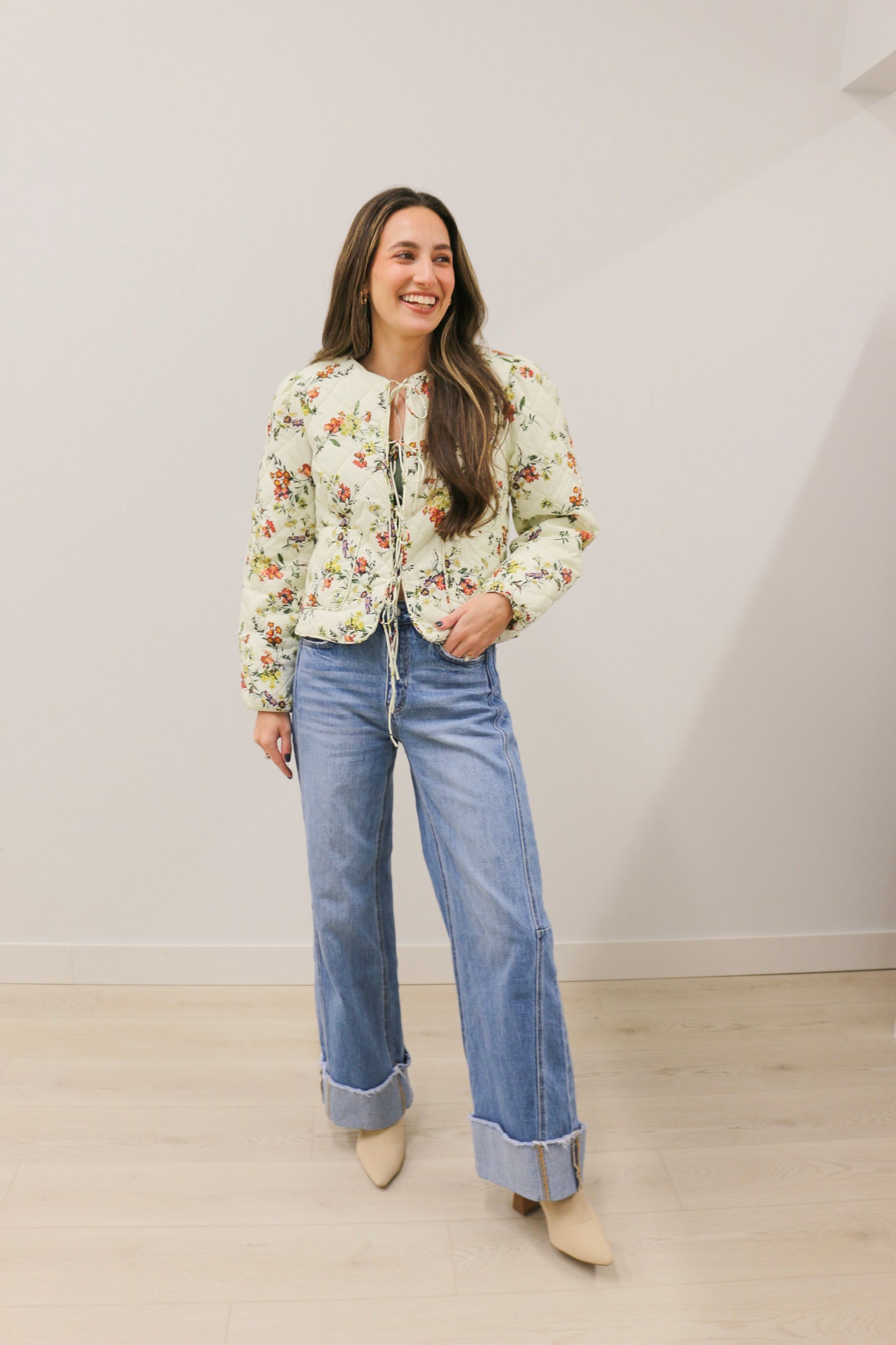 Romance in Bloom Floral Quilted Tie Front Long Sleeve Jacket - Ecru Multi