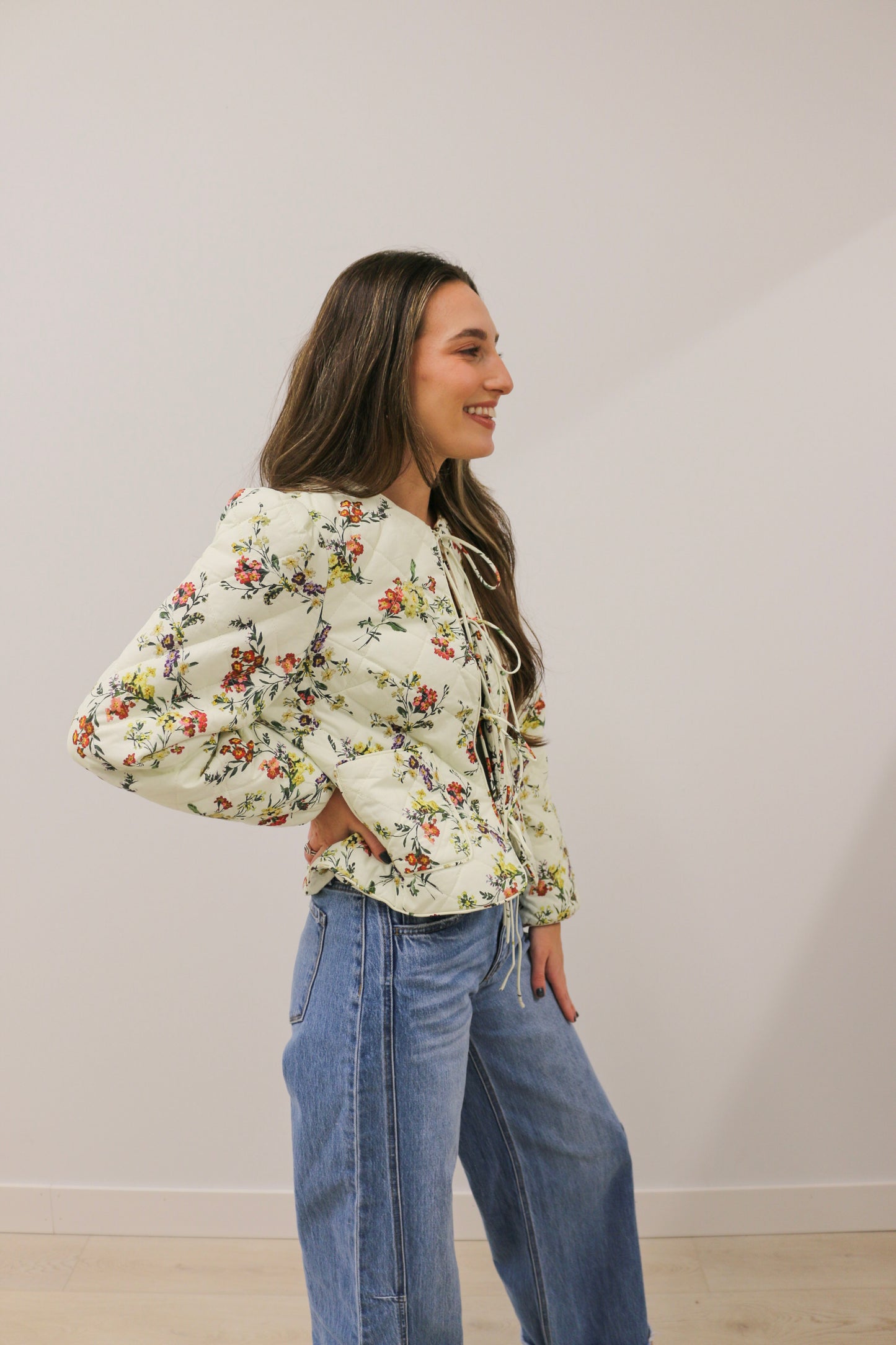 Romance in Bloom Floral Quilted Tie Front Long Sleeve Jacket - Ecru Multi