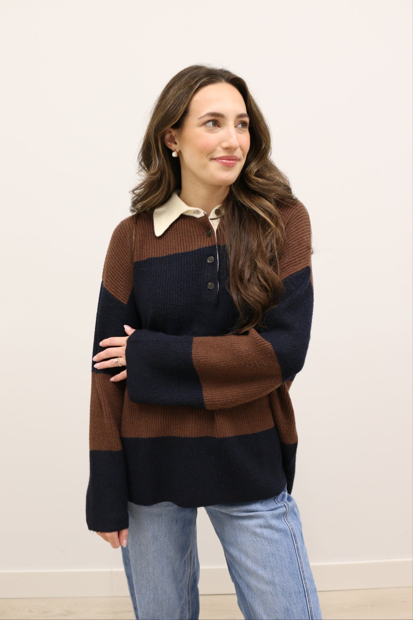 Rugby Stripe Play Contrast Collar Polo Long Sleeve Sweater - Brown Navy