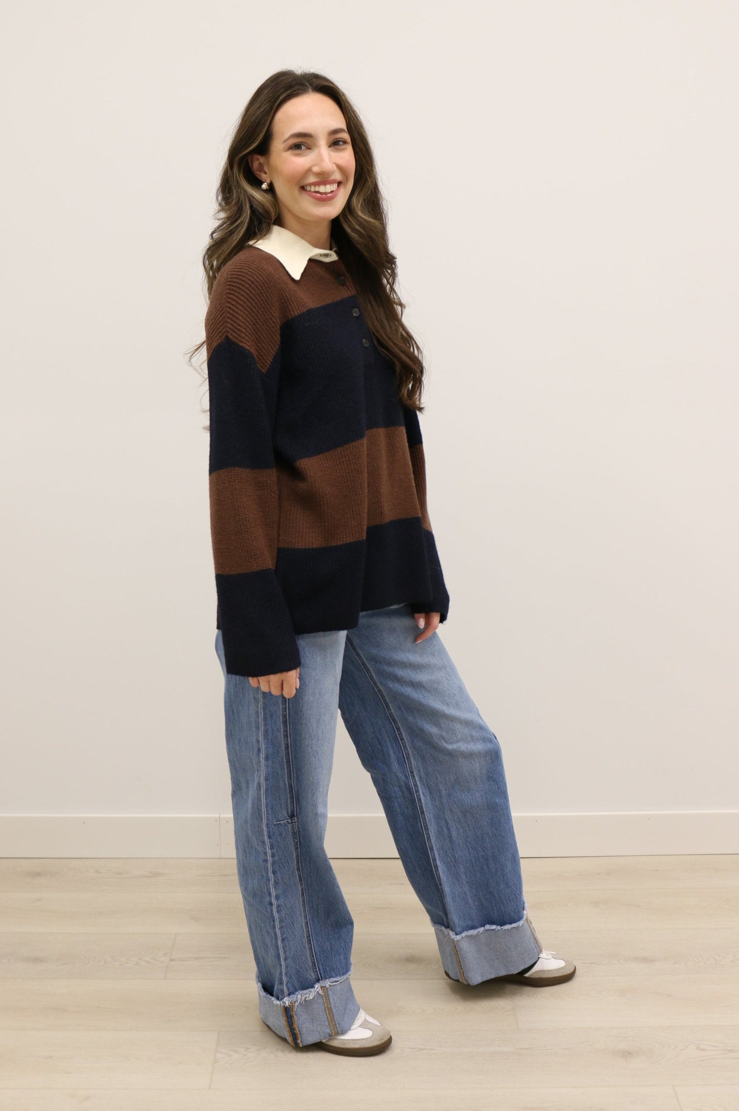 Rugby Stripe Play Contrast Collar Polo Long Sleeve Sweater - Brown Navy