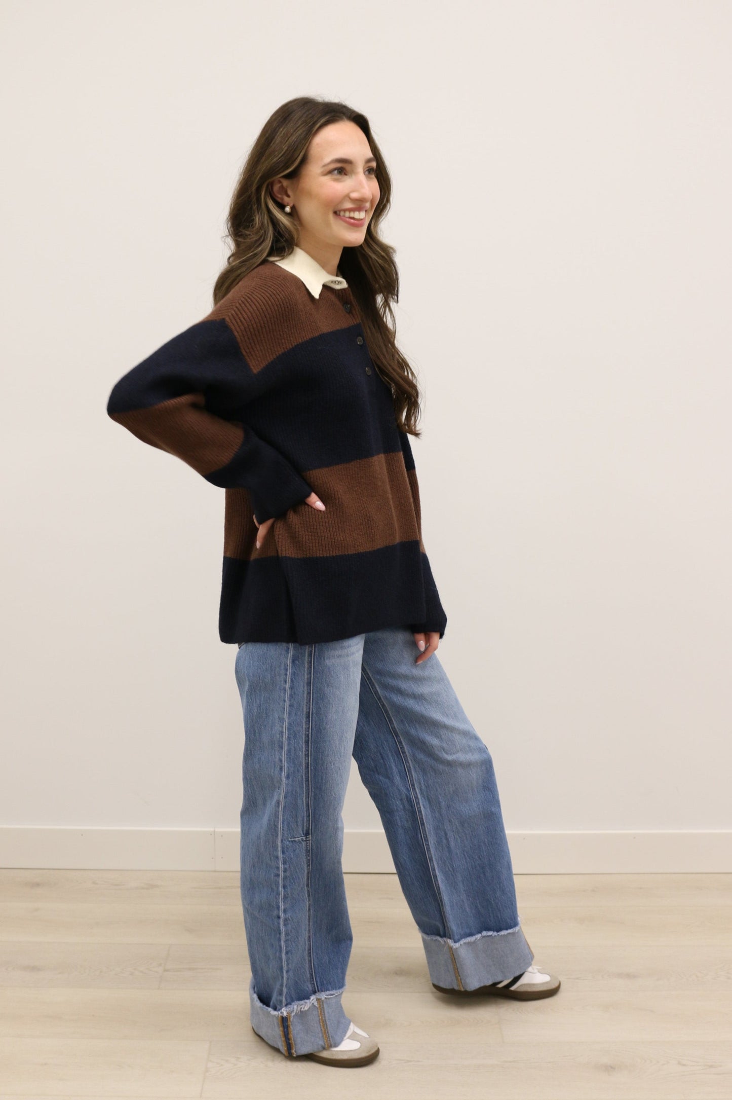 Rugby Stripe Play Contrast Collar Polo Long Sleeve Sweater - Brown Navy