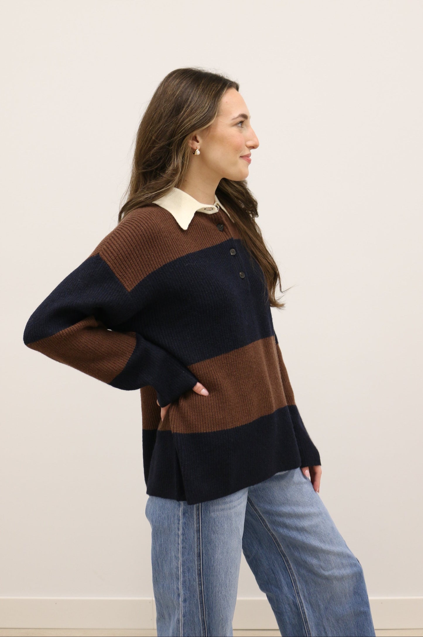 Rugby Stripe Play Contrast Collar Polo Long Sleeve Sweater - Brown Navy