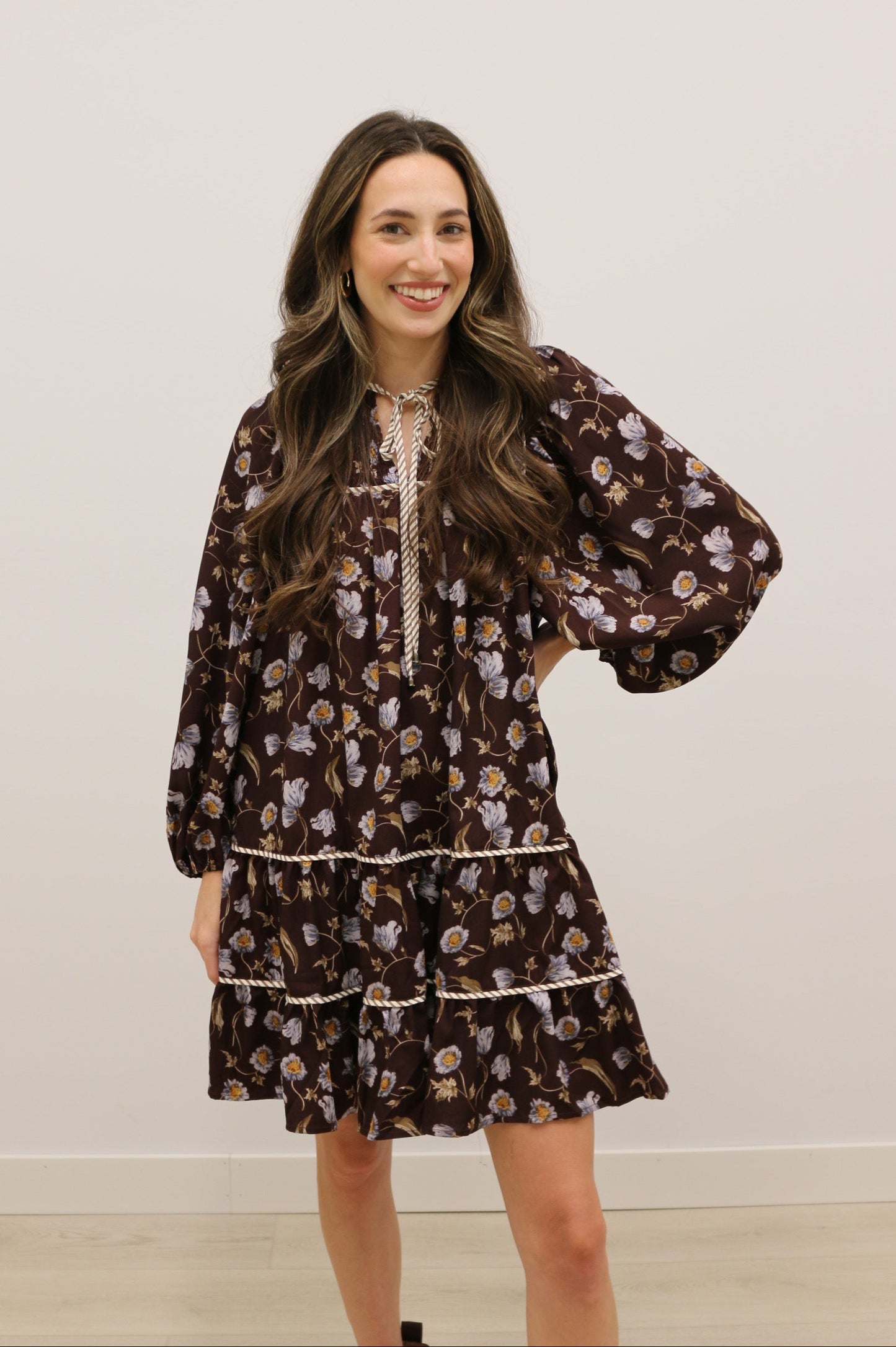 Shay Floral Print Long Sleeve Contrast Trim Ruffle Mini - Brown Blue