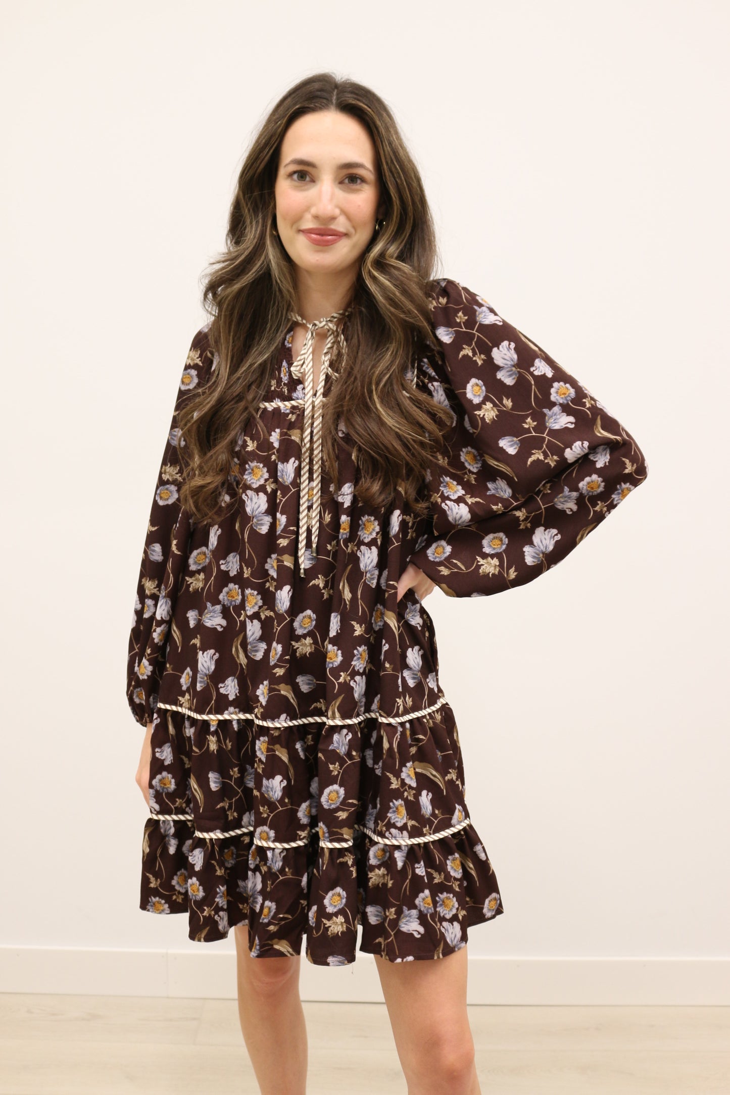 Shay Floral Print Long Sleeve Contrast Trim Ruffle Mini - Brown Blue