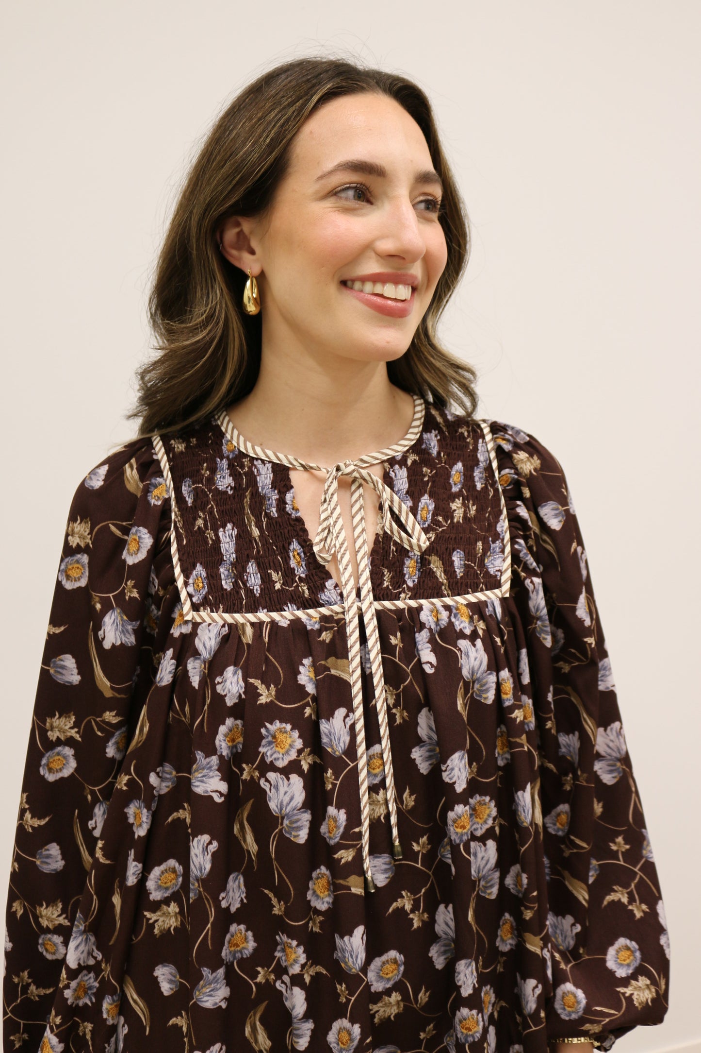 Shay Floral Print Long Sleeve Contrast Trim Ruffle Mini - Brown Blue