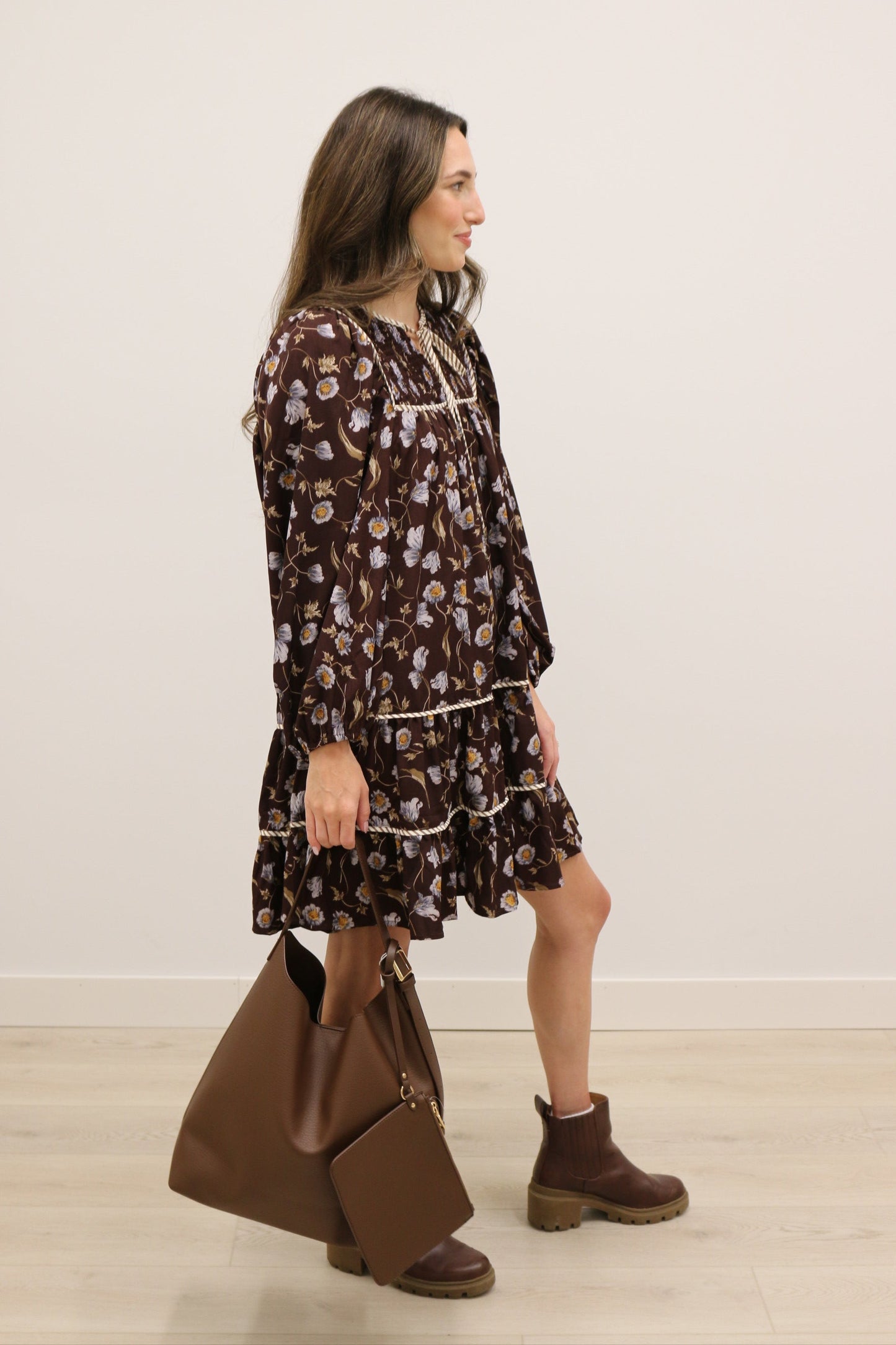 Shay Floral Print Long Sleeve Contrast Trim Ruffle Mini - Brown Blue