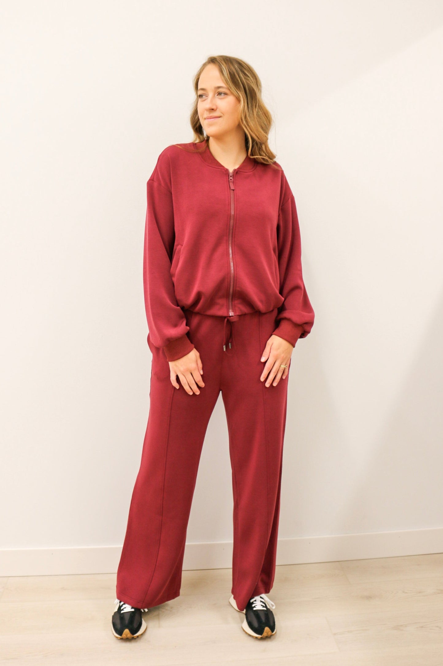 Soft Modal Long Sleeve Zip Up Bomber Jacket - Burgundy