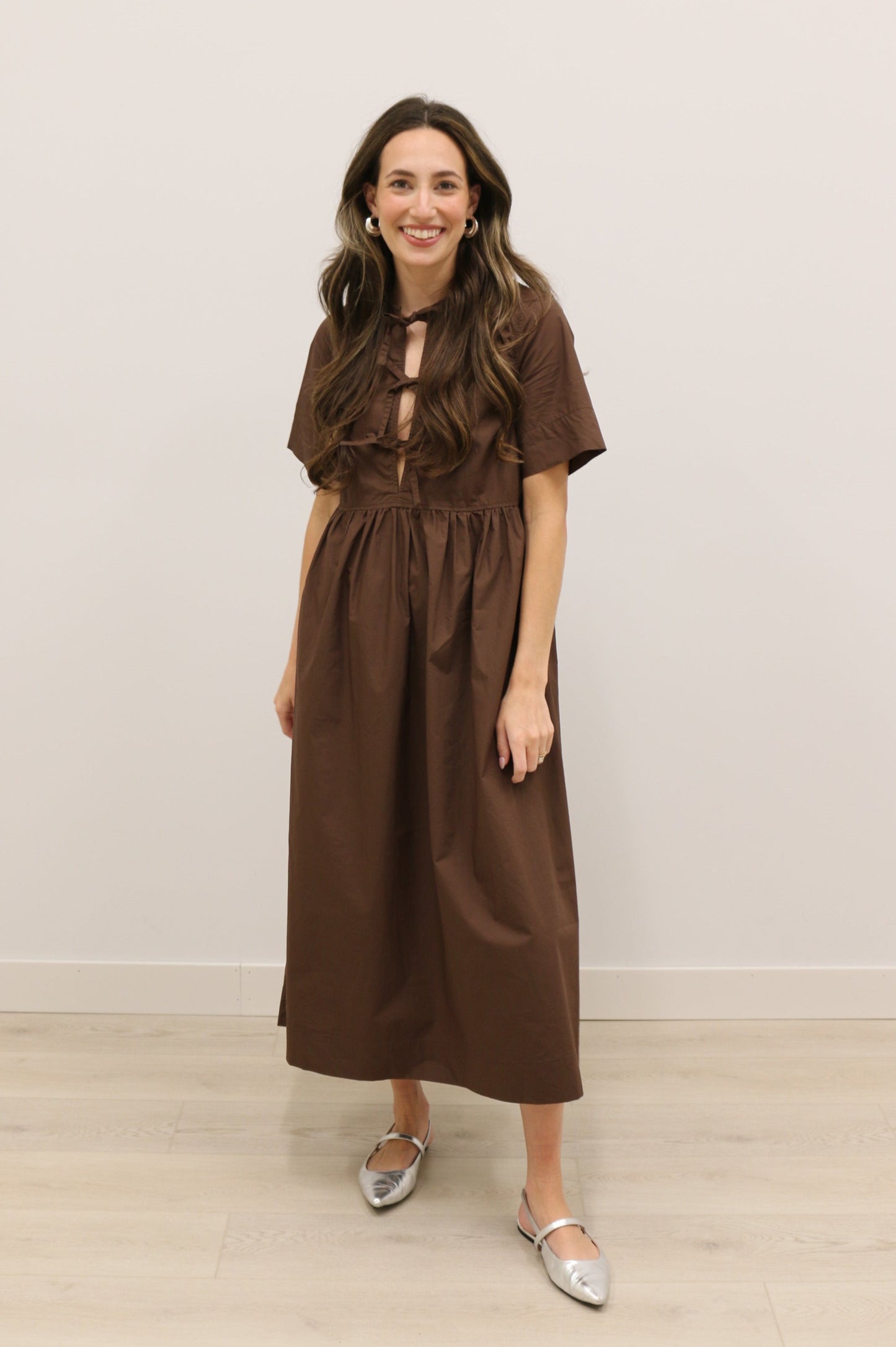 Stella Bow Front Relaxed Fit Midi Dress - Chocolate Brown