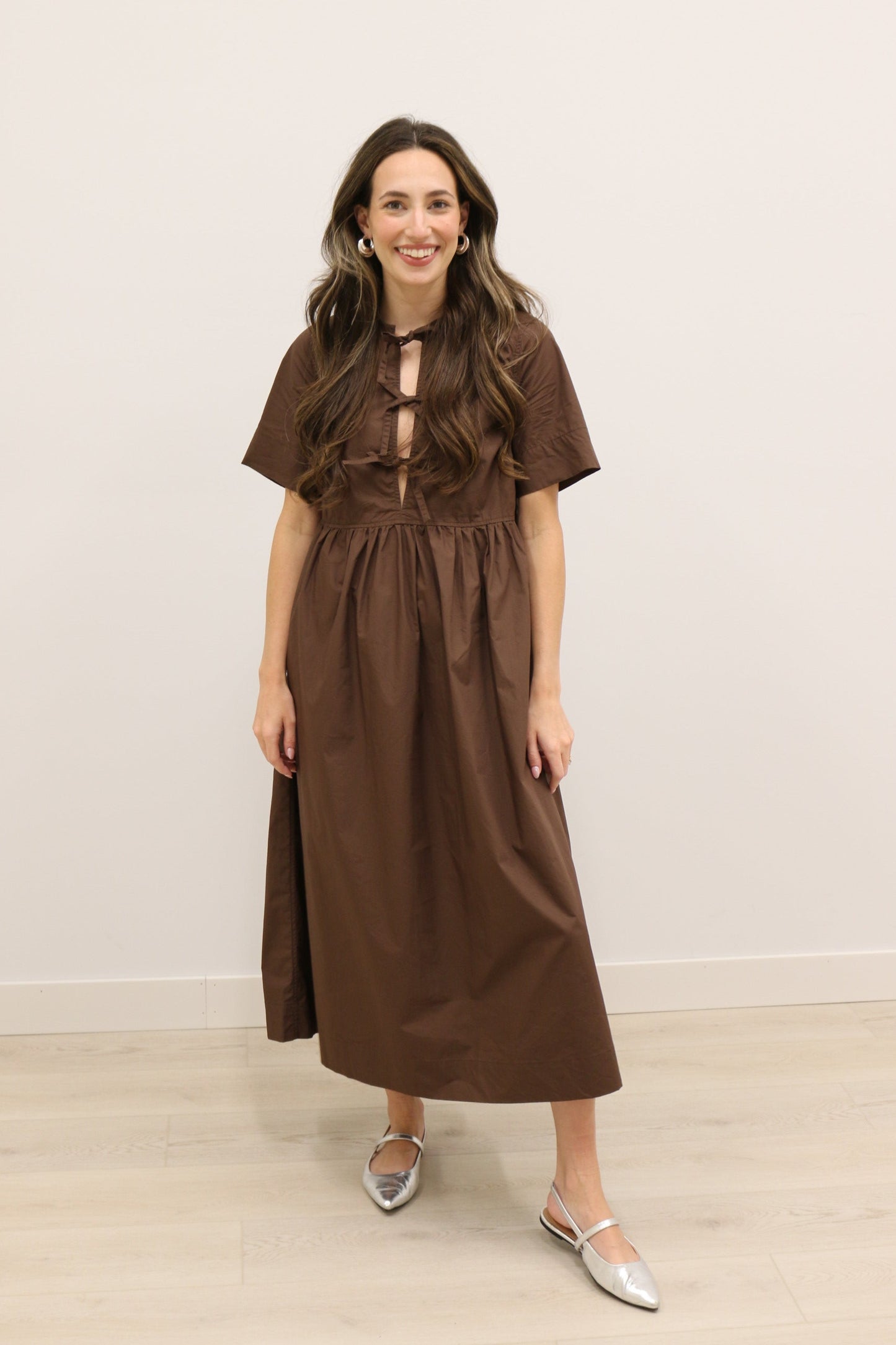Stella Bow Front Relaxed Fit Midi Dress - Chocolate Brown