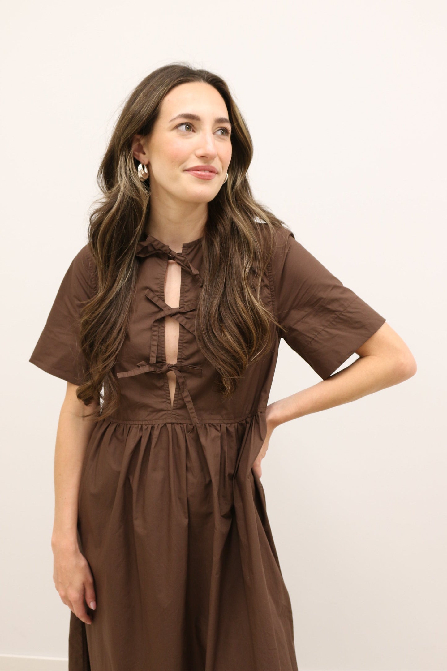 Stella Bow Front Relaxed Fit Midi Dress - Chocolate Brown