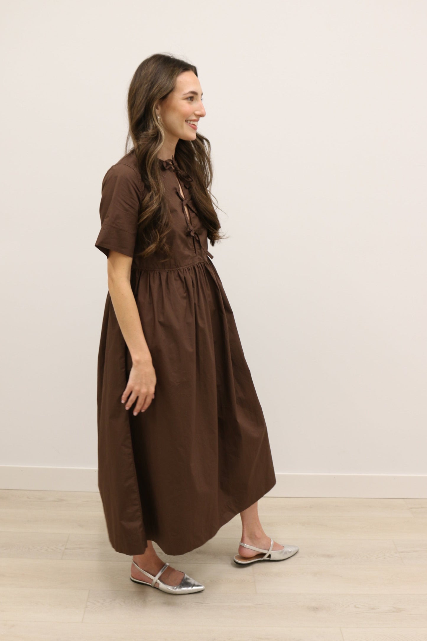 Stella Bow Front Relaxed Fit Midi Dress - Chocolate Brown