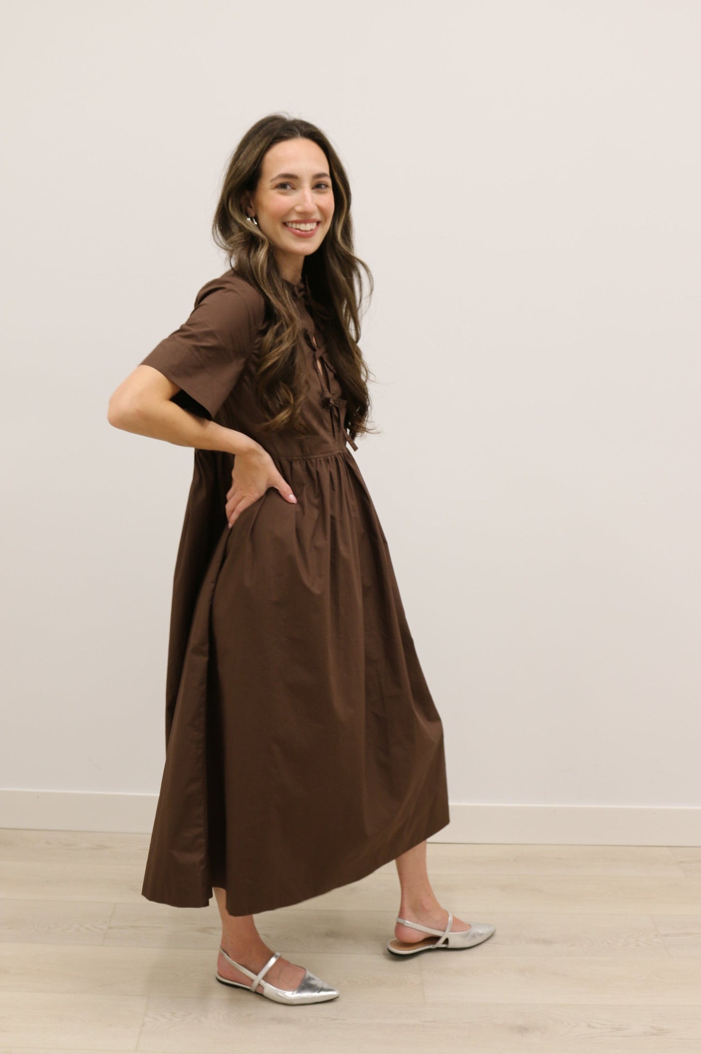 Stella Bow Front Relaxed Fit Midi Dress - Chocolate Brown