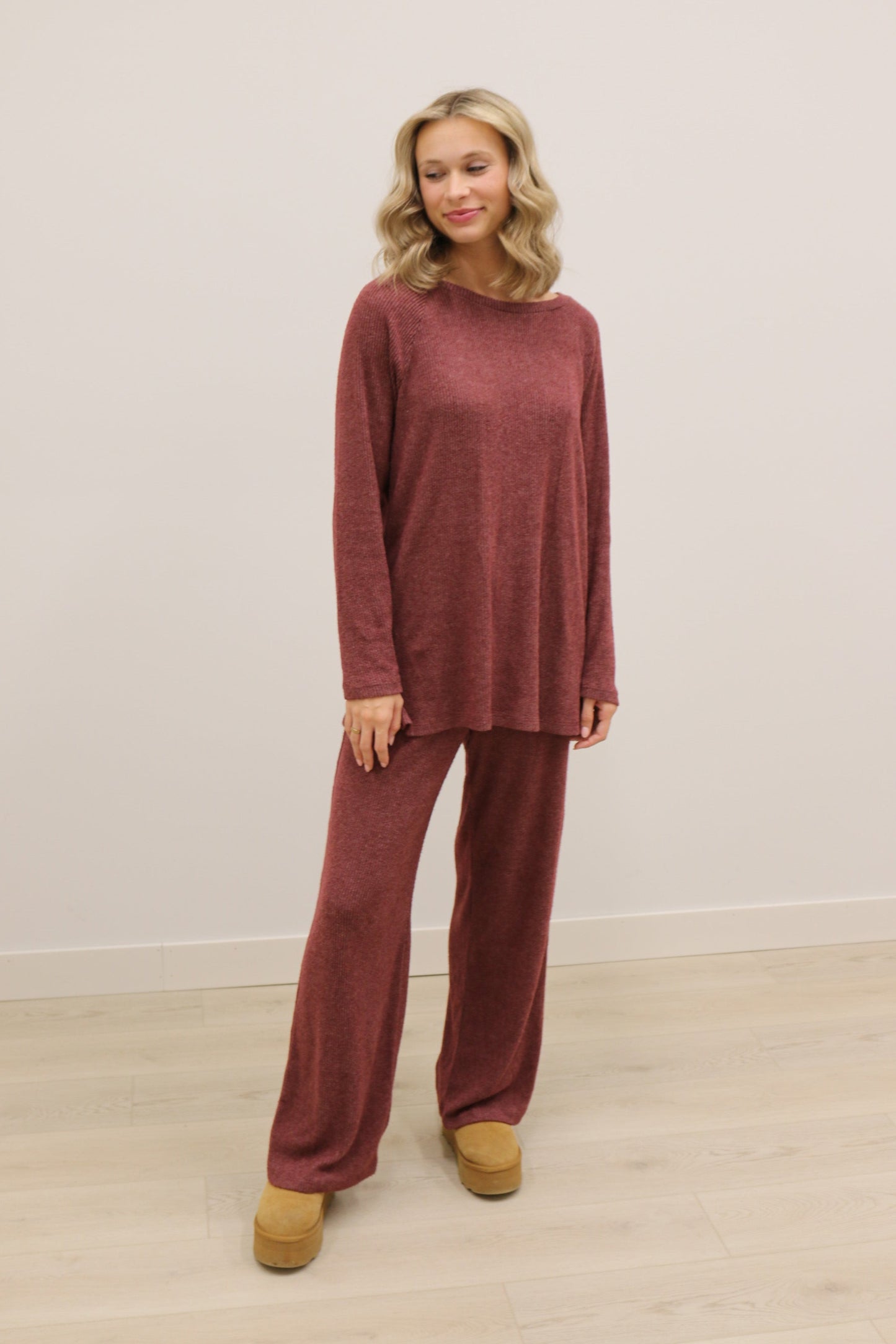 Claudia Lightweight Long Sleeve Top Drawstring Wide Leg Pant Knit Set - Burgundy Wine