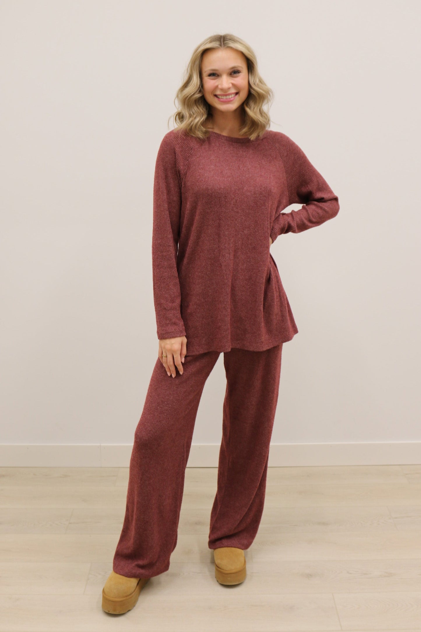 Claudia Lightweight Long Sleeve Top Drawstring Wide Leg Pant Knit Set - Burgundy Wine