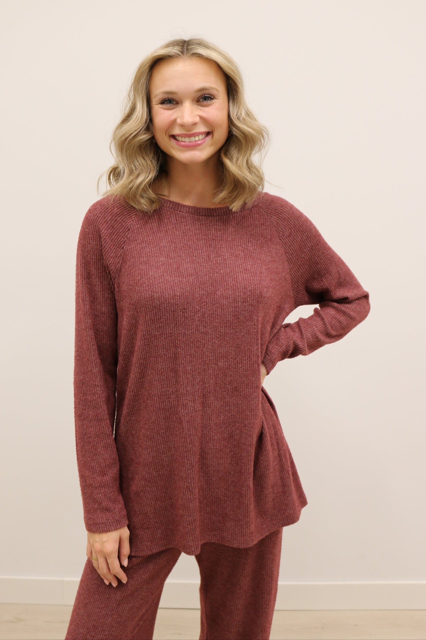 Claudia Lightweight Long Sleeve Top Drawstring Wide Leg Pant Knit Set - Burgundy Wine