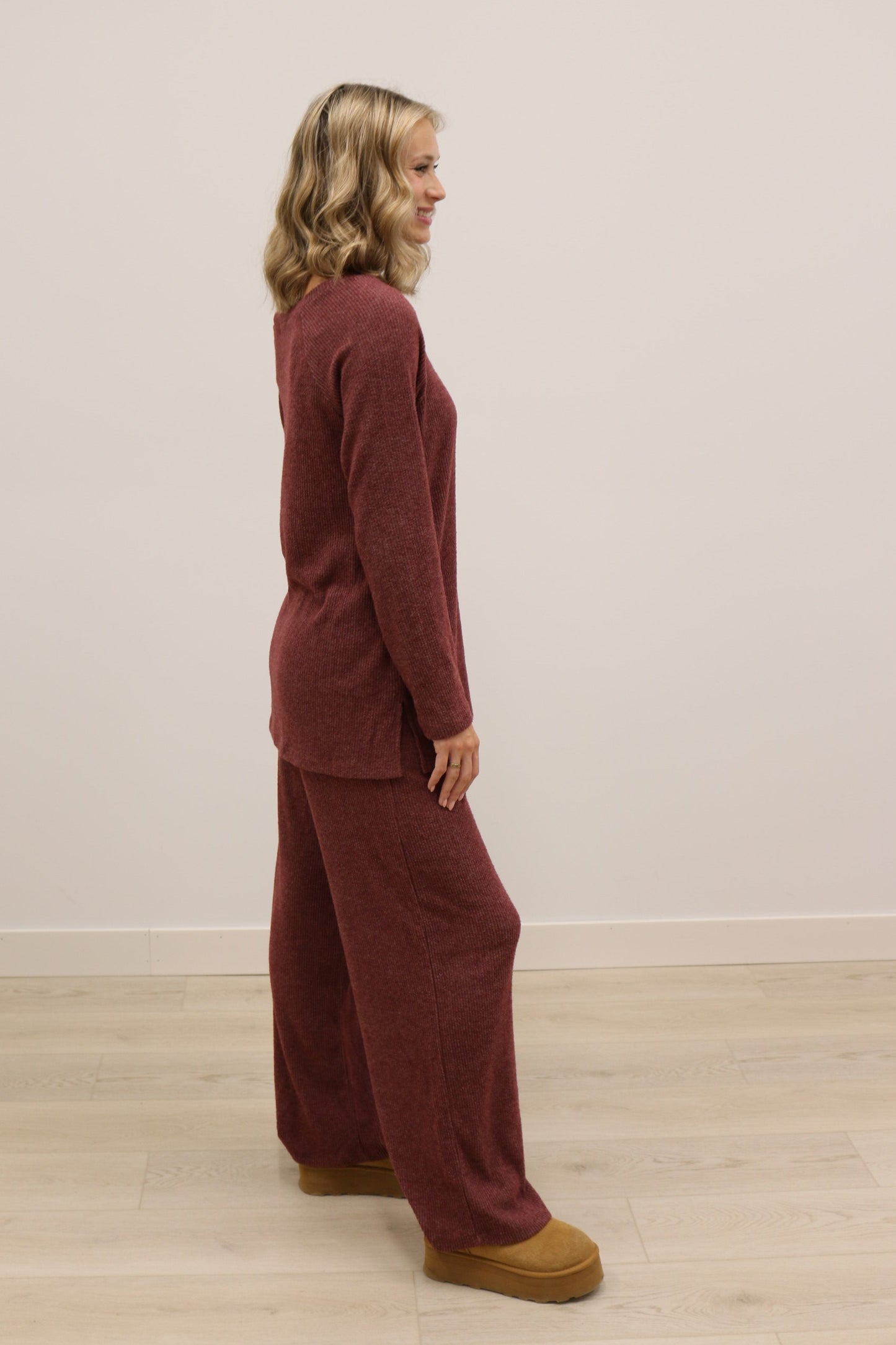Claudia Lightweight Long Sleeve Top Drawstring Wide Leg Pant Knit Set - Burgundy Wine