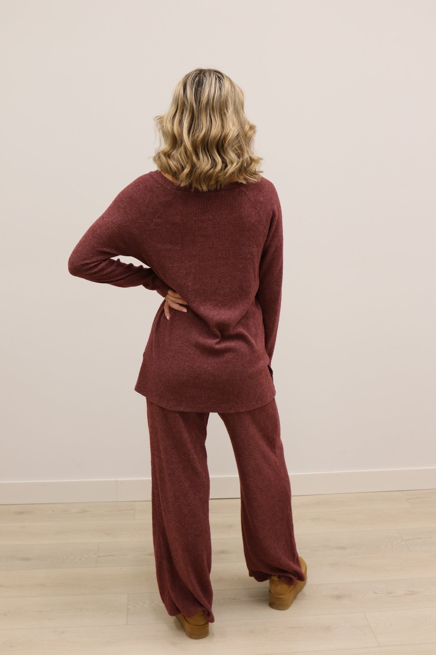 Claudia Lightweight Long Sleeve Top Drawstring Wide Leg Pant Knit Set - Burgundy Wine