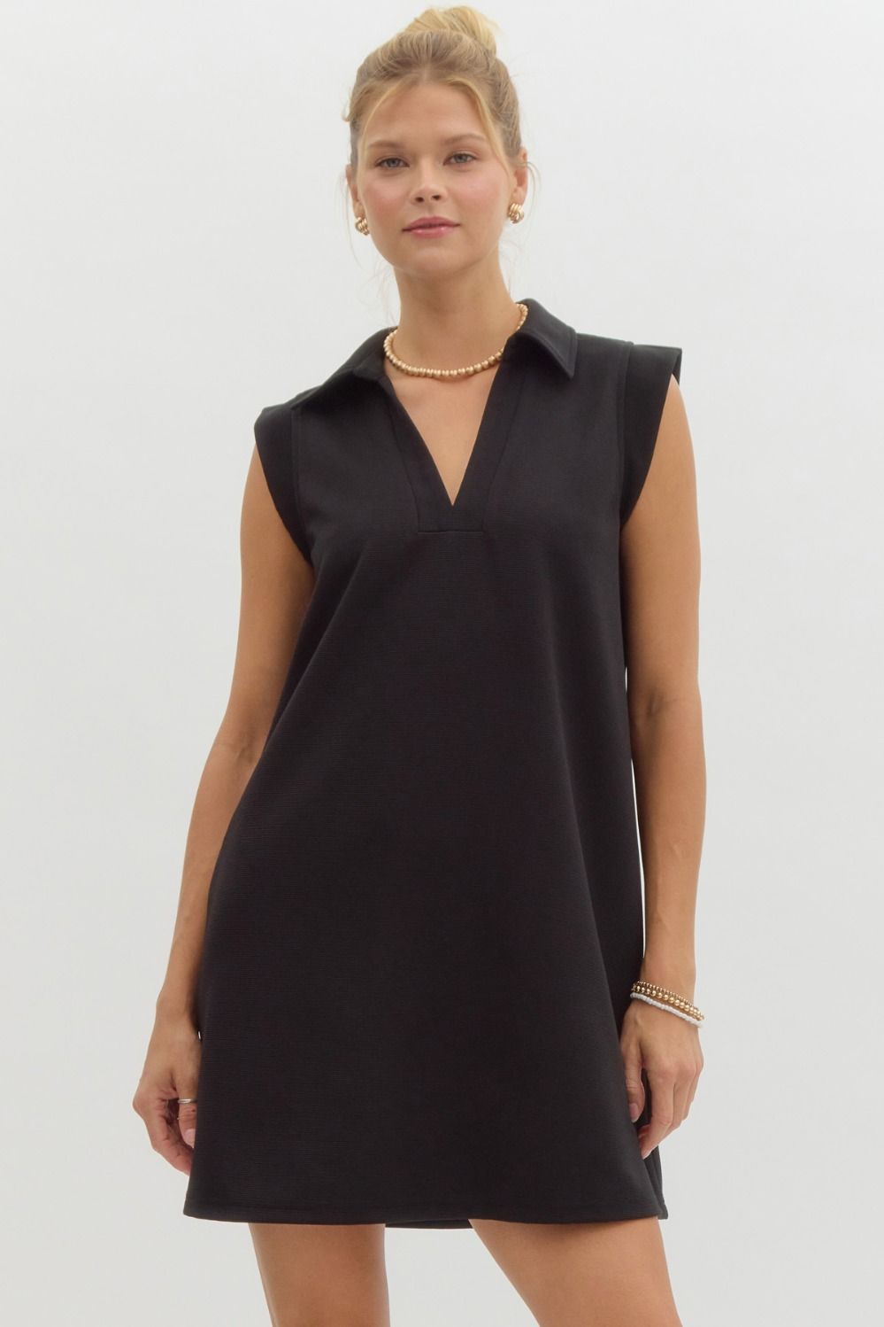 Sporty Collared V-Neck Textured Knit Mini Dress - Black