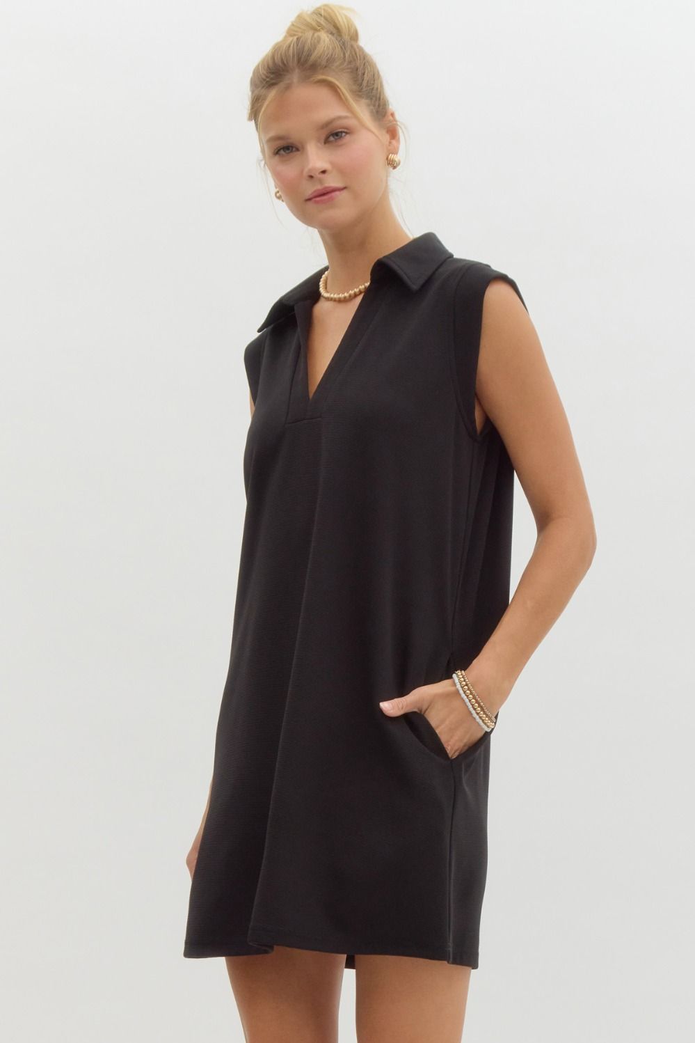 Sporty Collared V-Neck Textured Knit Mini Dress - Black