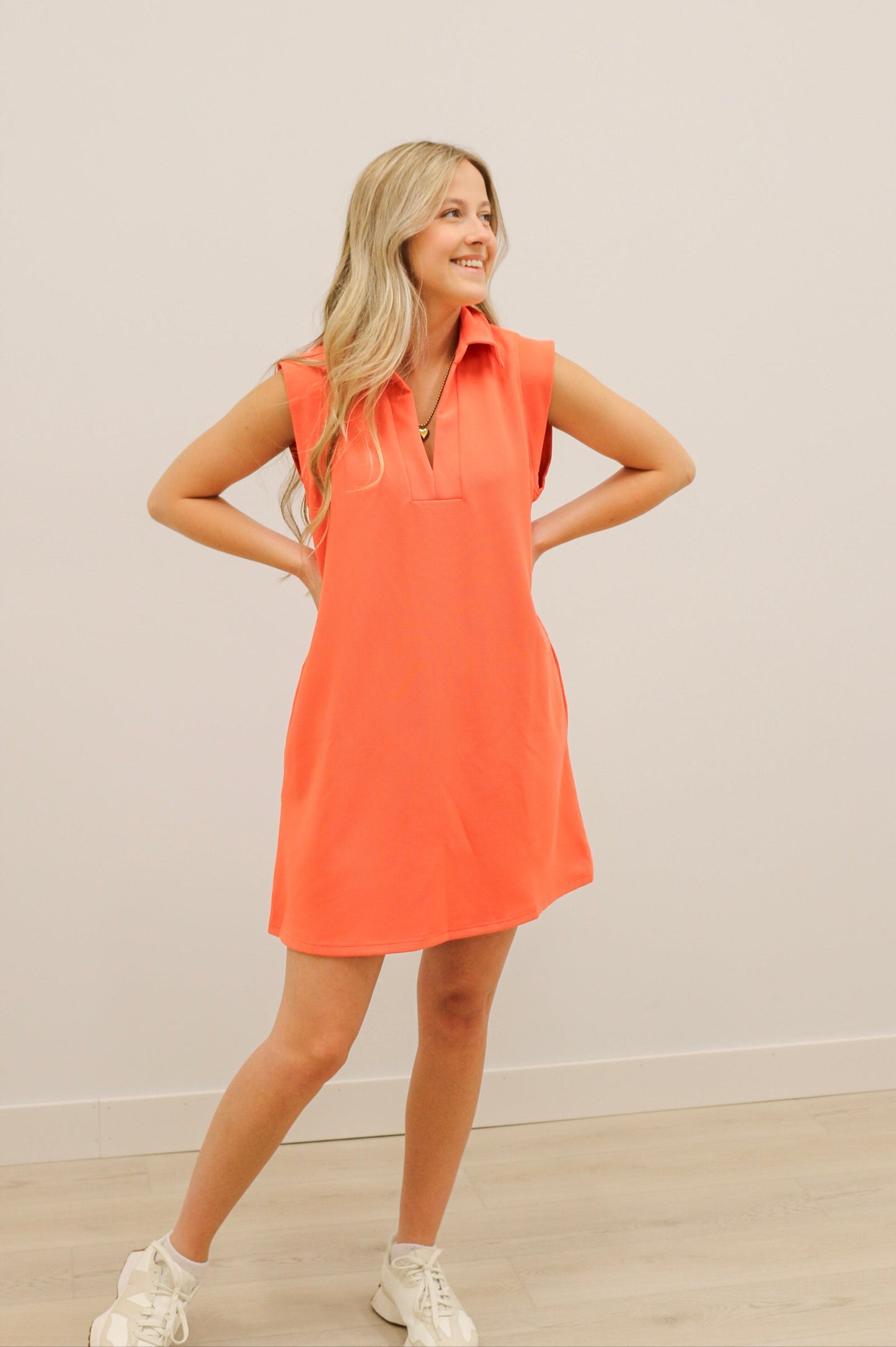 Sporty Collared V-Neck Textured Knit Mini Dress - Orange Red