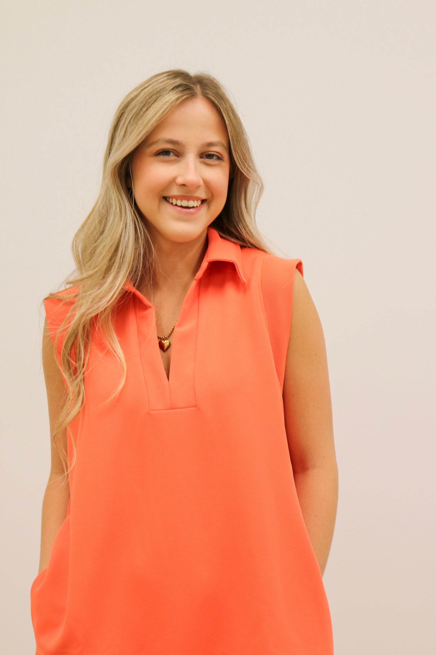 Sporty Collared V-Neck Textured Knit Mini Dress - Orange Red